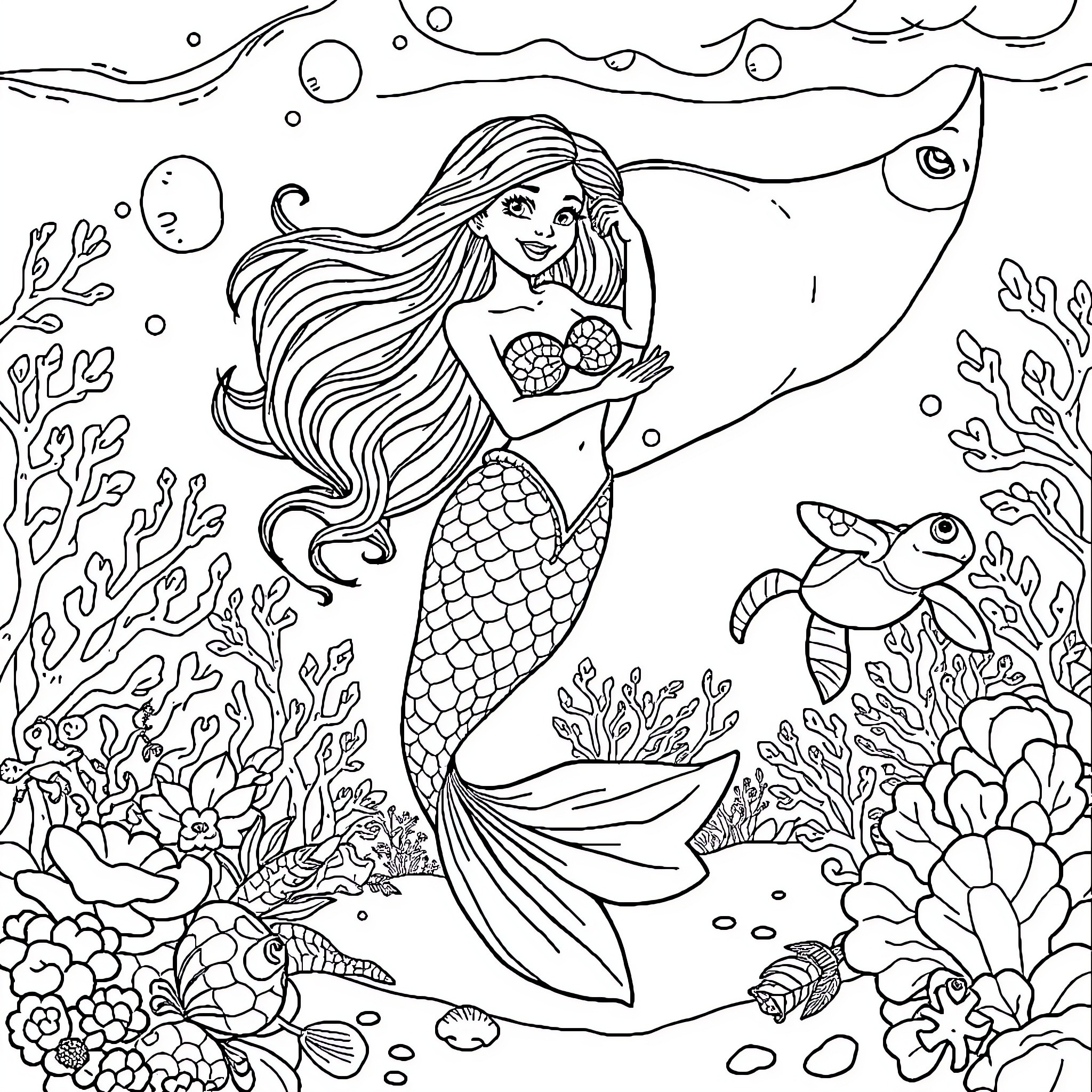 Mermaid playing in the underwater coral reef Coloring Page (free black-and-white line drawing printable PDF for all, from beginners to advanced learners, including children, teens, adults, and seniors)