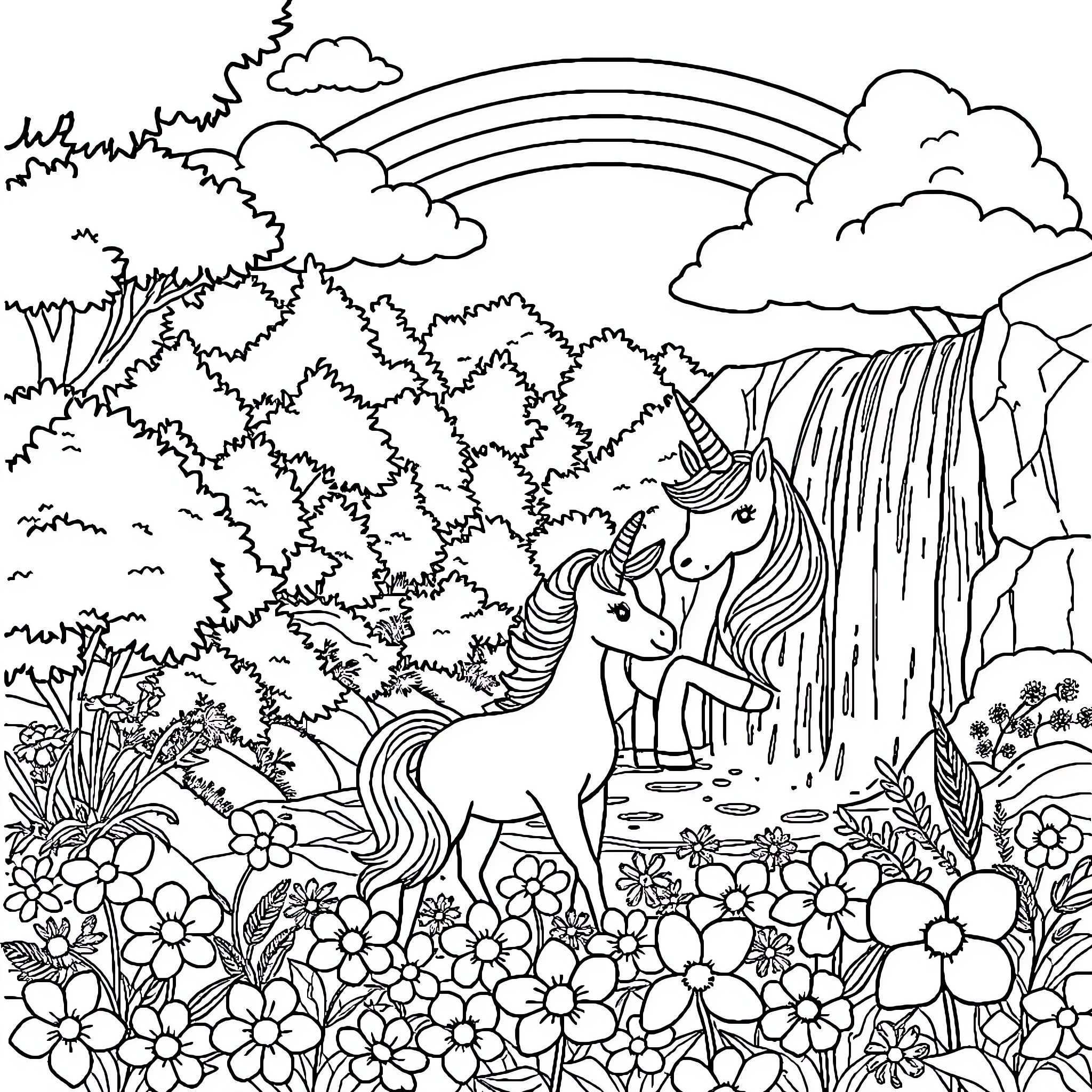 Unicorn enjoying a magical scene in nature Coloring Page (free black-and-white line drawing printable PDF for all, from beginners to advanced learners, including children, teens, adults, and seniors)