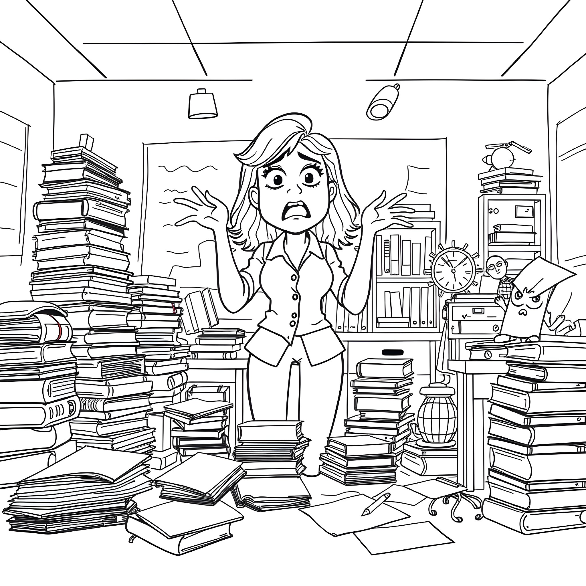 Teacher overwhelmed by piles of books in the classroom Coloring Page (free black-and-white line drawing printable PDF for all, from beginners to advanced learners, including children, teens, adults, and seniors)