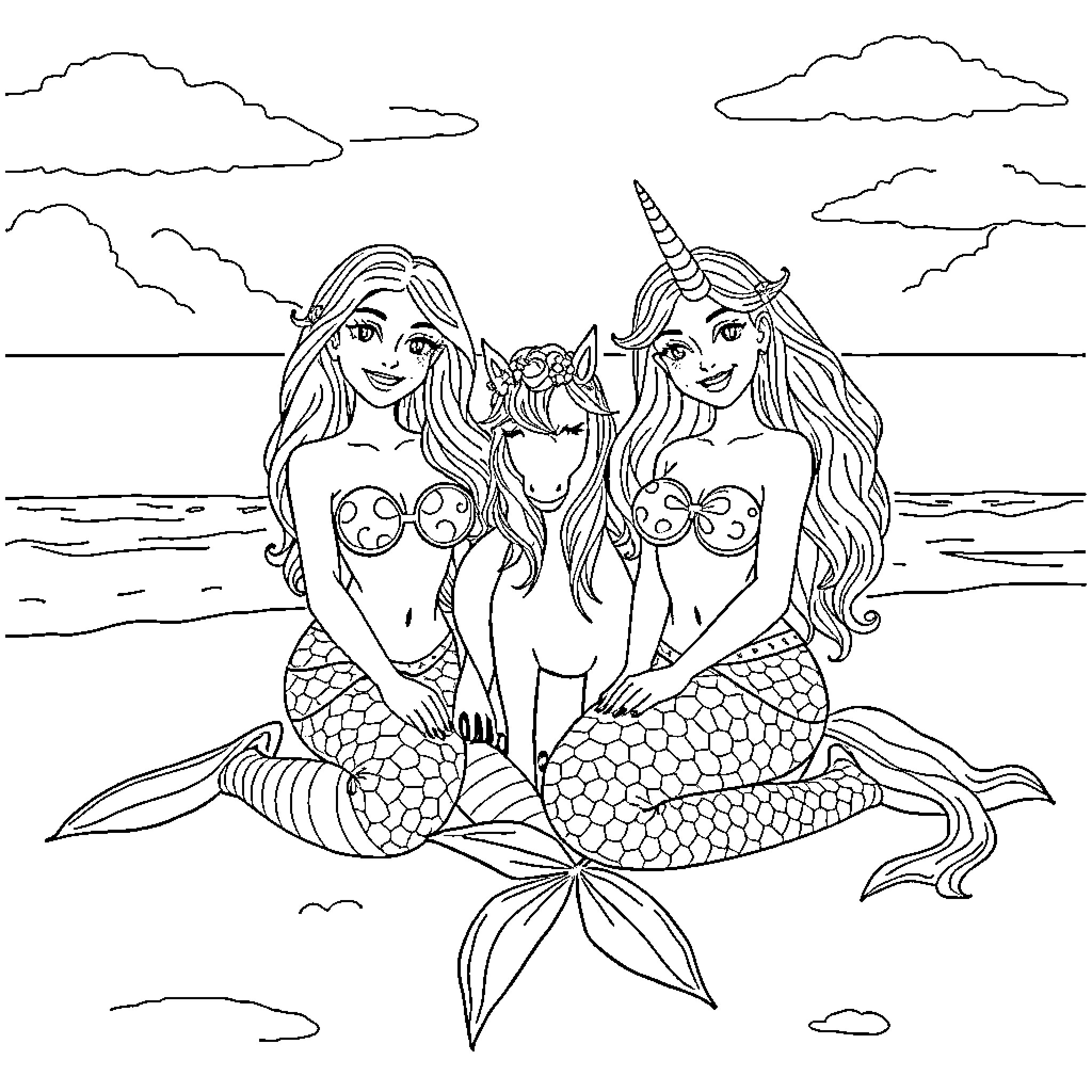 Mermaid sisters swimming with unicorn in ocean Coloring Page (free black-and-white line drawing printable PDF for all, from beginners to advanced learners, including children, teens, adults, and seniors)