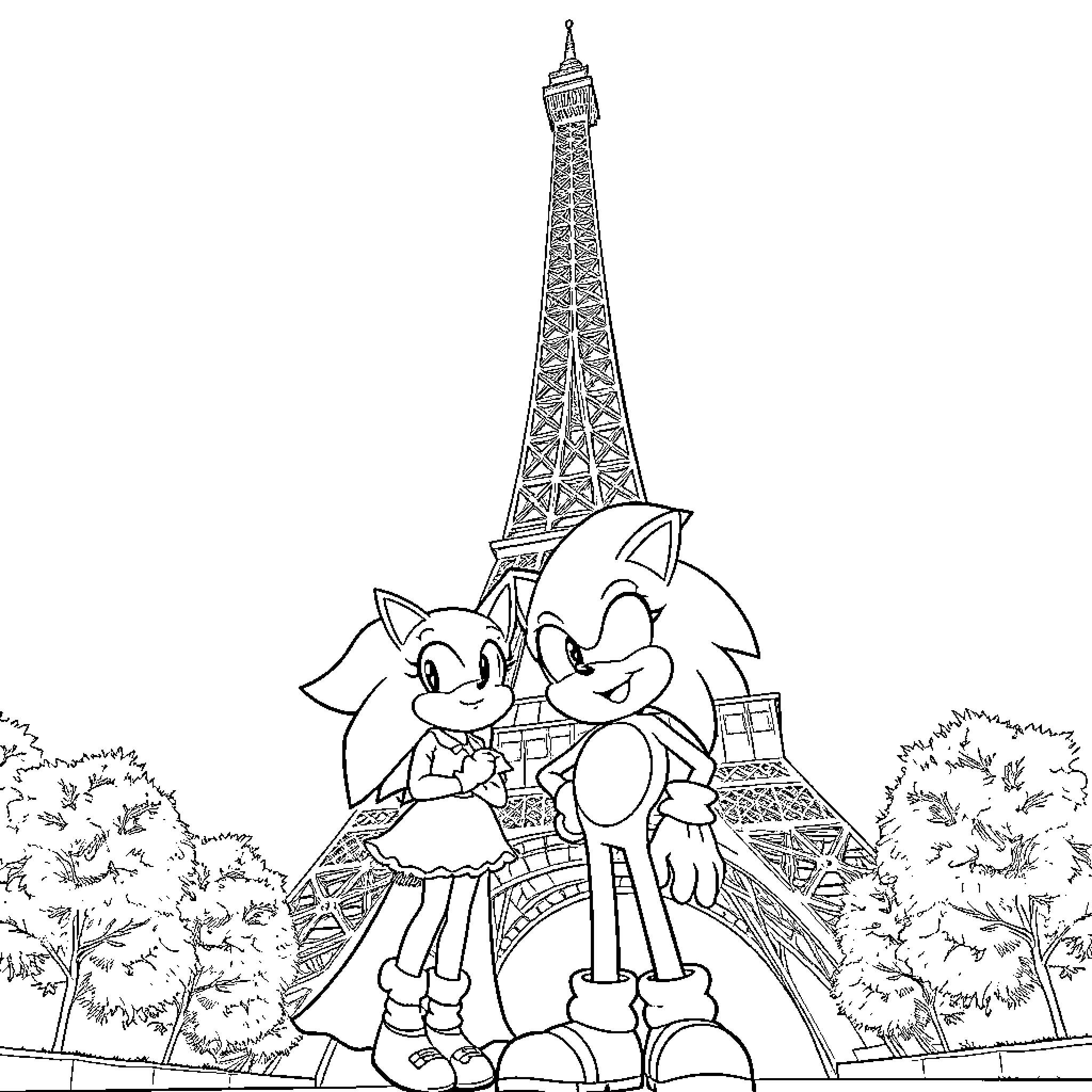 Adele and Sonic in Paris with Eiffel Tower Coloring Page (free black-and-white line drawing printable PDF for all, from beginners to advanced learners, including children, teens, adults, and seniors)