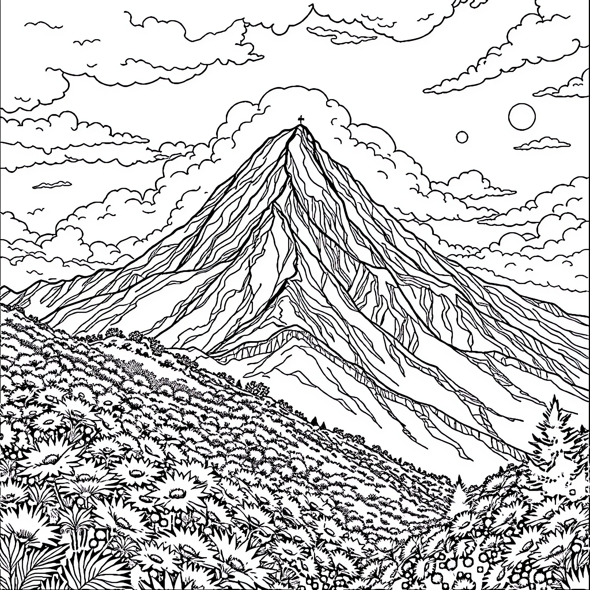 Scenery of a majestic mountain with cloudy sky Coloring Page (free black-and-white line drawing printable PDF for all, from beginners to advanced learners, including children, teens, adults, and seniors)