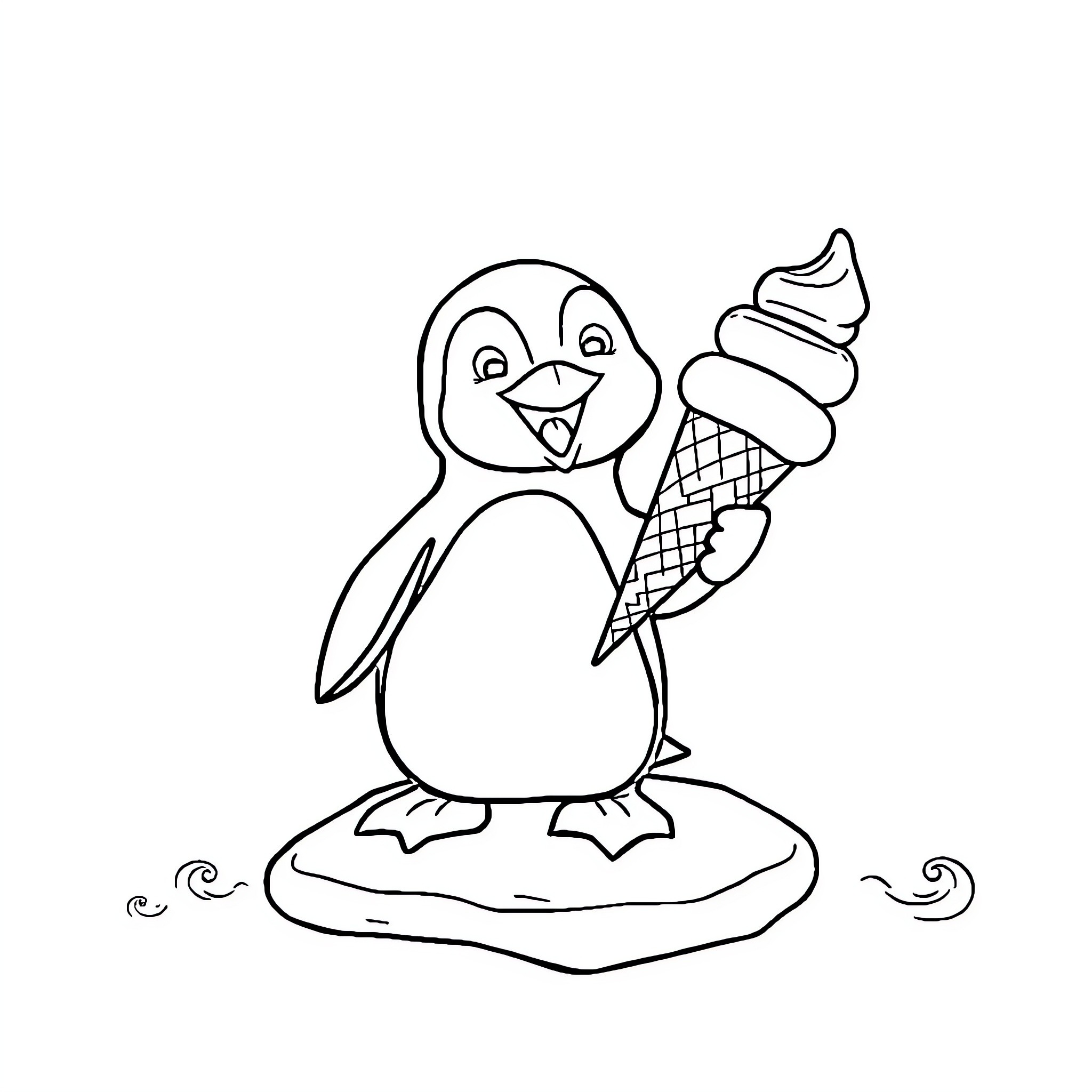 Penguin enjoying a tasty ice cream treat Coloring Page (free black-and-white line drawing printable PDF for all, from beginners to advanced learners, including children, teens, adults, and seniors)