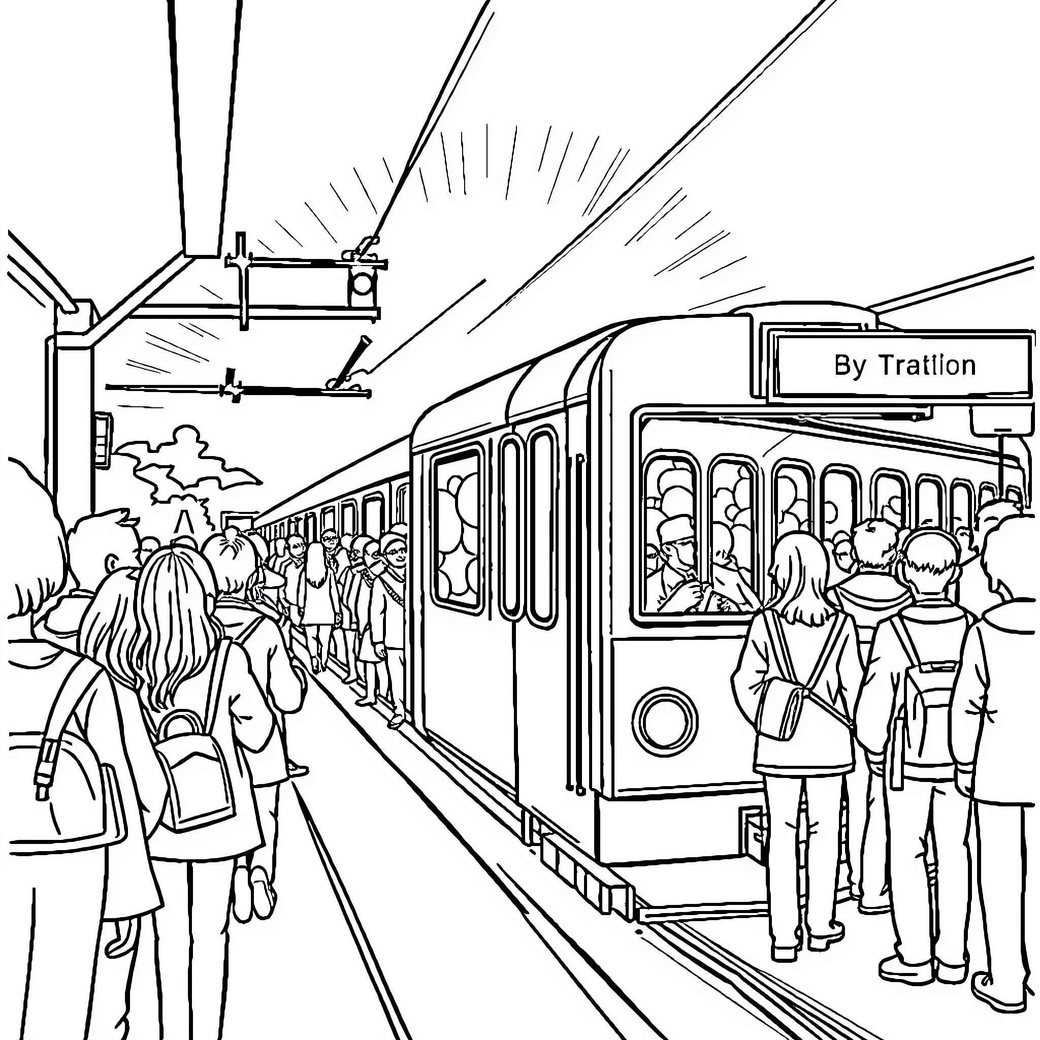Train Commuters Waiting at Station Platform Coloring Page (free black-and-white line drawing printable PDF for all, from beginners to advanced learners, including children, teens, adults, and seniors)