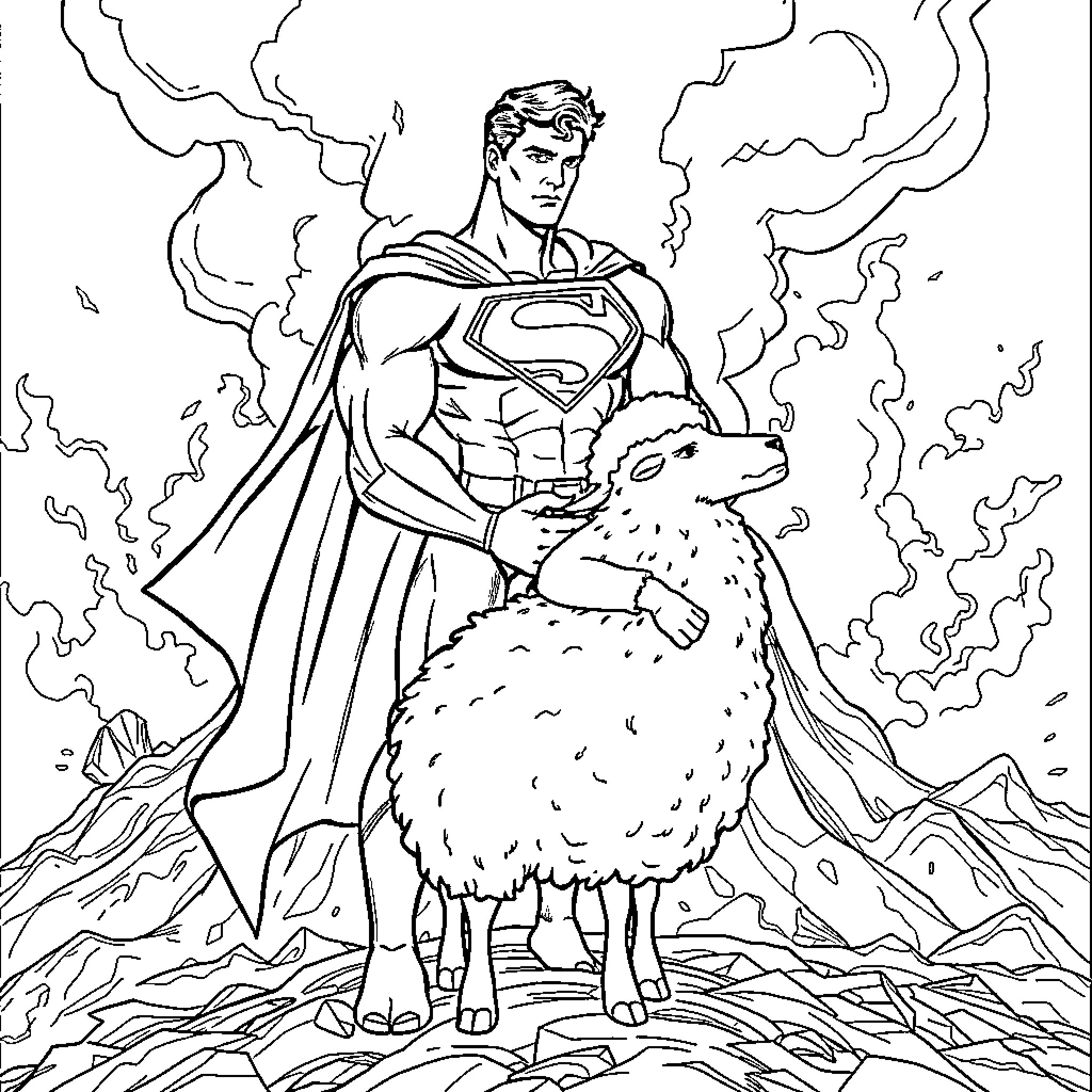 Superman facing off against a fierce creature Coloring Page (free black-and-white line drawing printable PDF for all, from beginners to advanced learners, including children, teens, adults, and seniors)