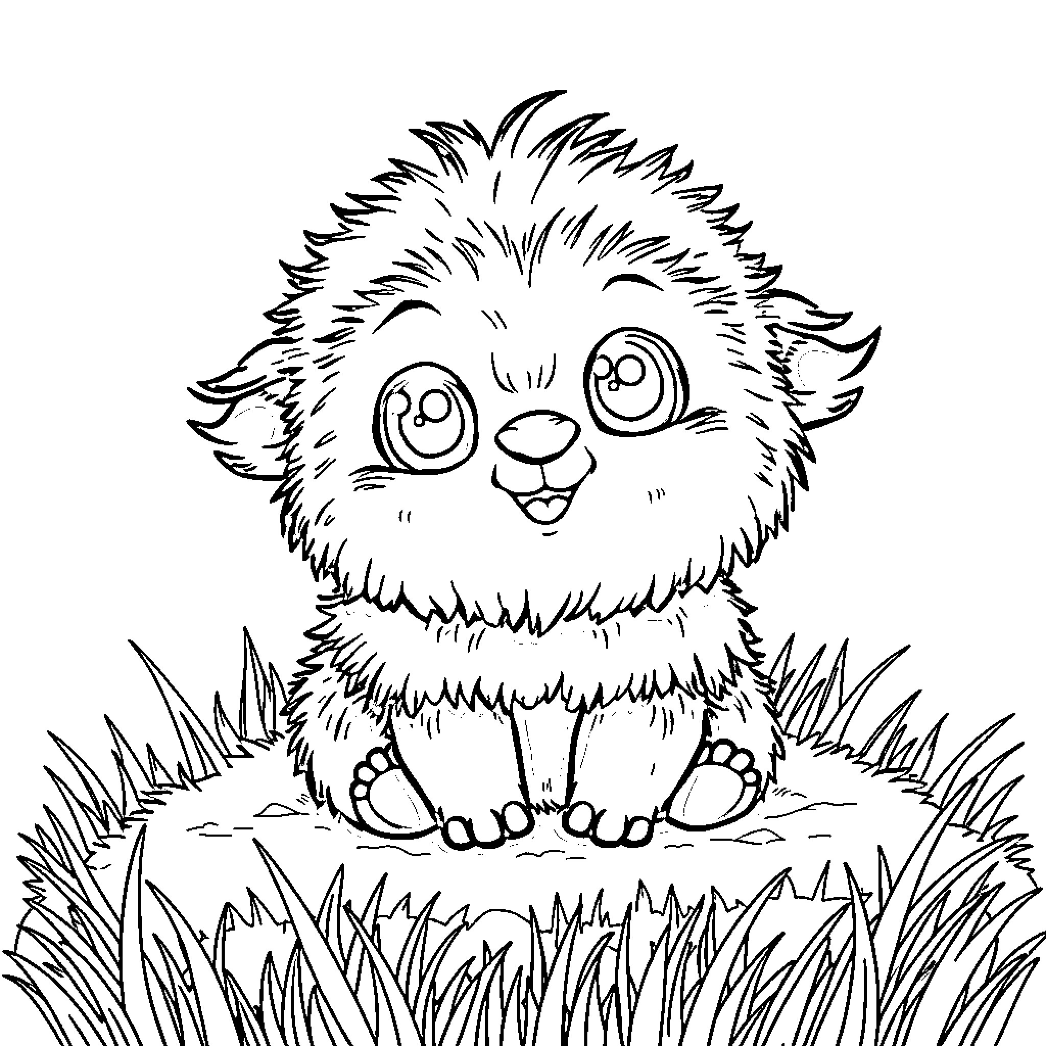 Labubu the Curious Creature in the Meadow Coloring Page (free black-and-white line drawing printable PDF for all, from beginners to advanced learners, including children, teens, adults, and seniors)