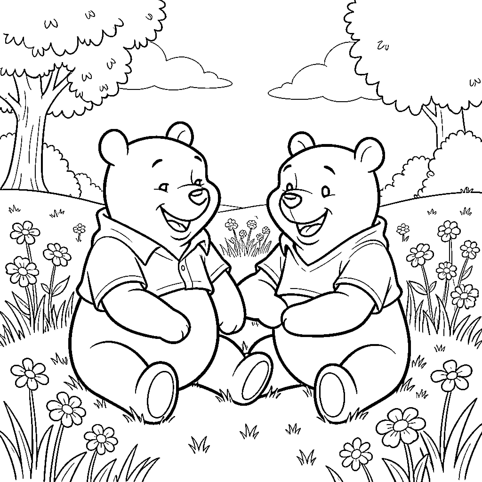Pooh Bear and friend sitting together in a meadow Coloring Page (free black-and-white line drawing printable PDF for all, from beginners to advanced learners, including children, teens, adults, and seniors)