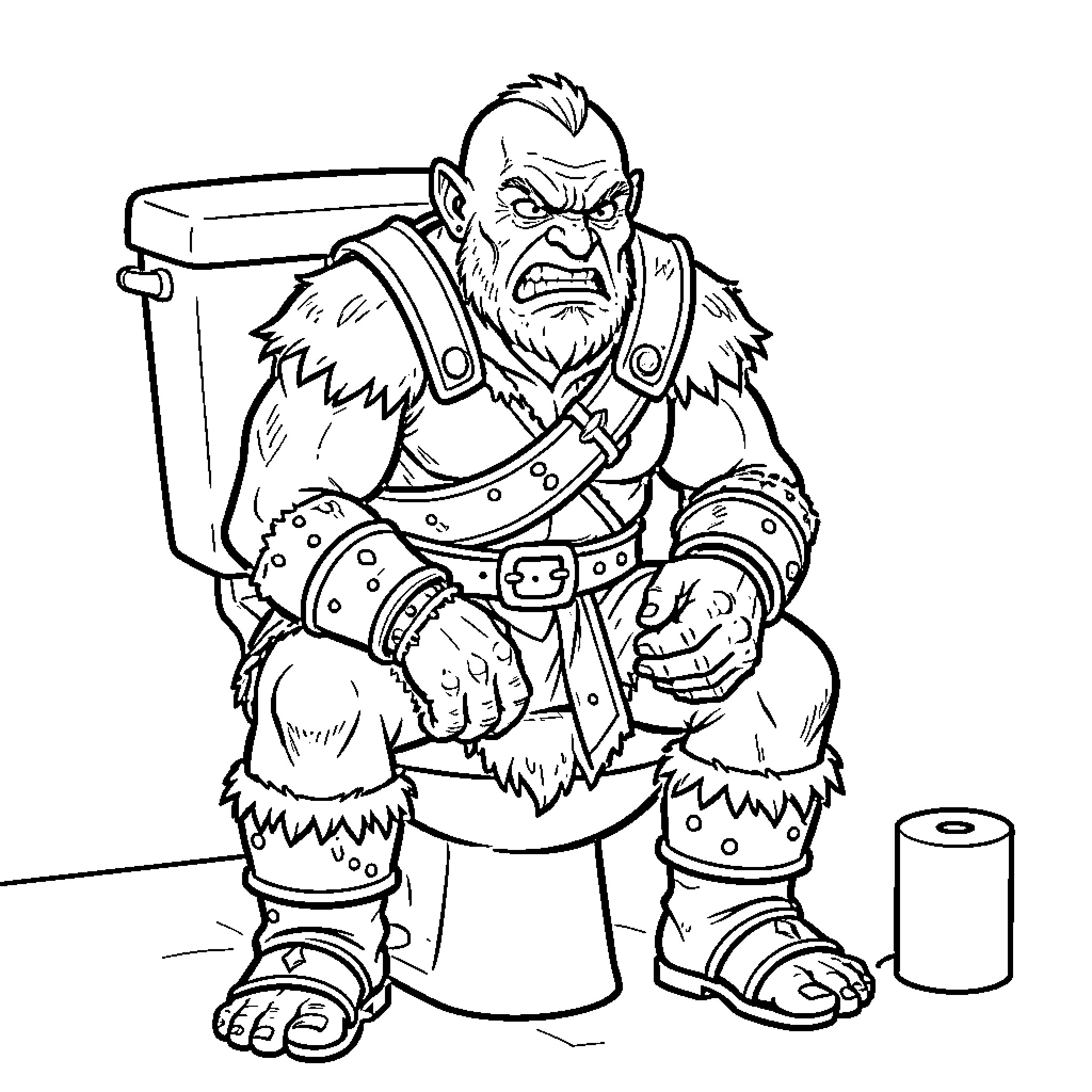 Orc sitting on a toilet with a grumpy expression Coloring Page (free black-and-white line drawing printable PDF for all, from beginners to advanced learners, including children, teens, adults, and seniors)