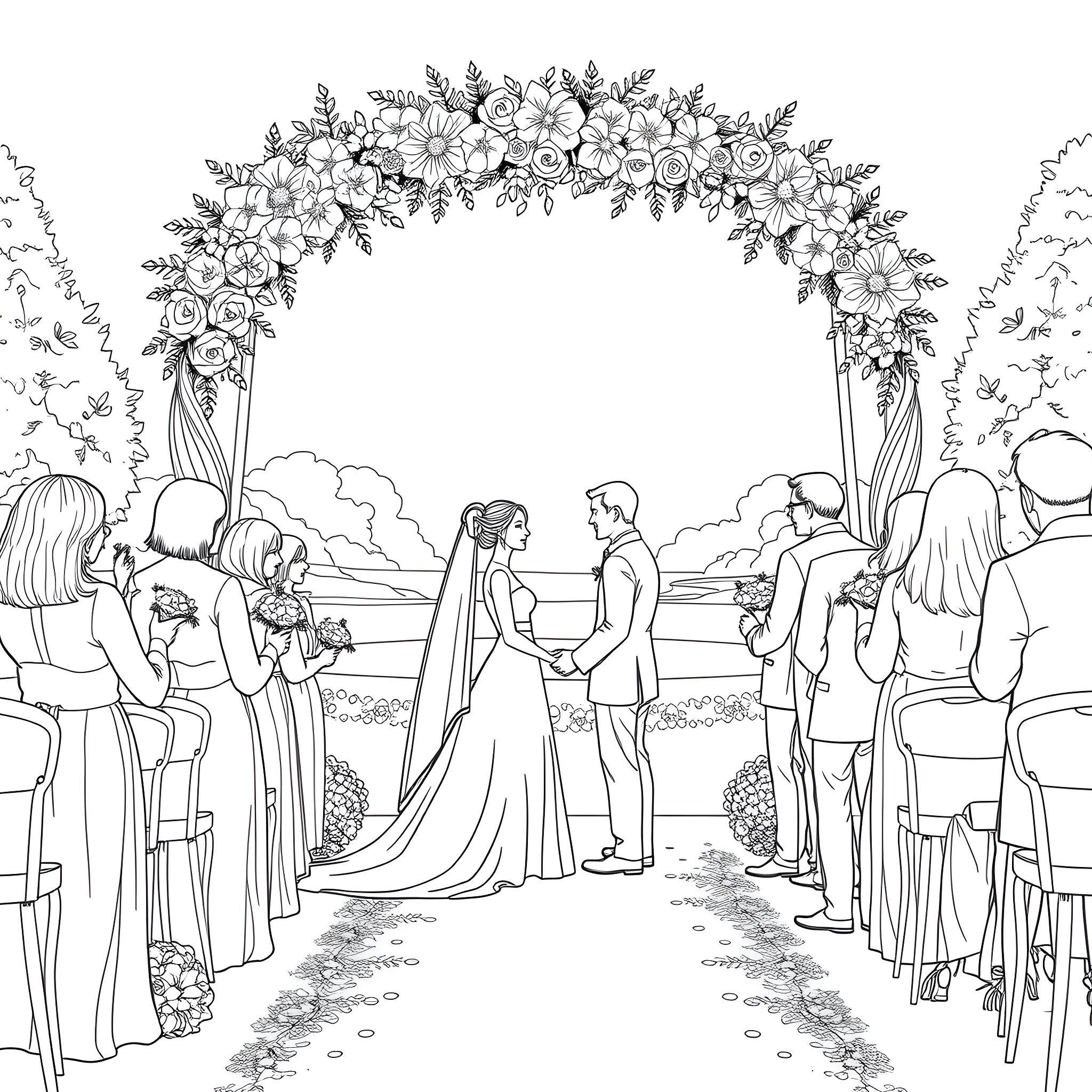 Wedding ceremony with floral arch and guests Coloring Page (free black-and-white line drawing printable PDF for all, from beginners to advanced learners, including children, teens, adults, and seniors)