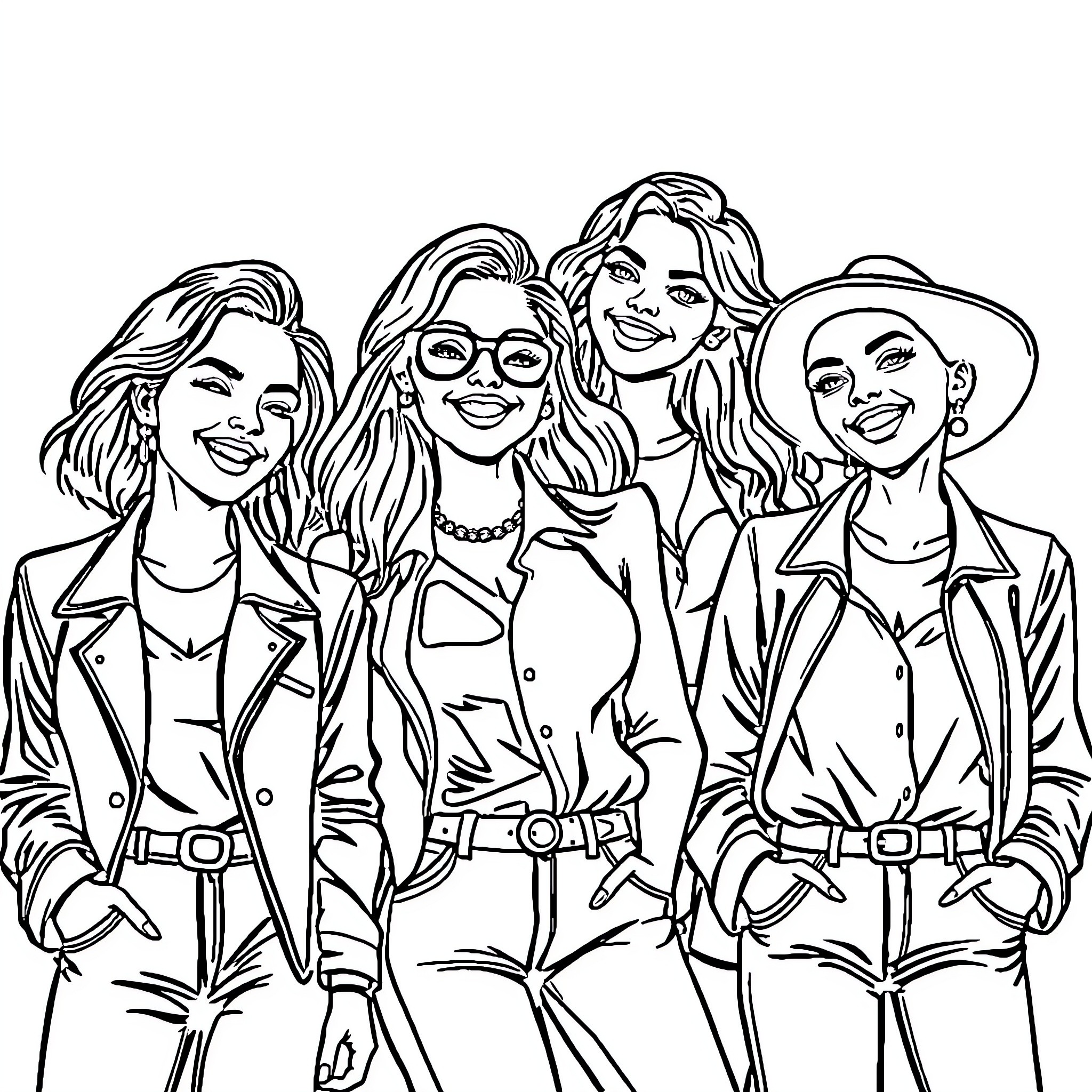 Women in stylish casual outfits posing together Coloring Page (free black-and-white line drawing printable PDF for all, from beginners to advanced learners, including children, teens, adults, and seniors)