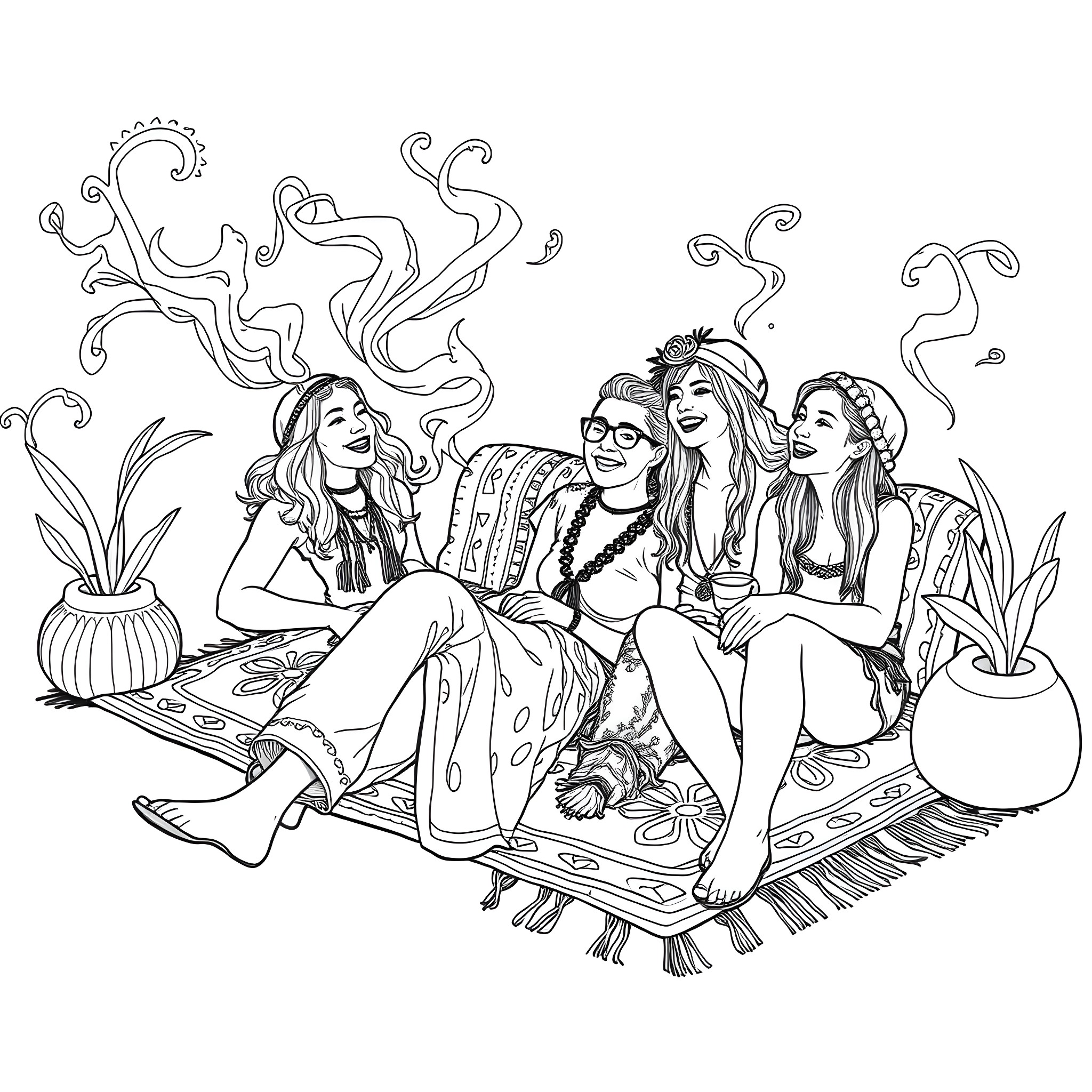 Hippie friends enjoying a peaceful moment together Coloring Page (free black-and-white line drawing printable PDF for all, from beginners to advanced learners, including children, teens, adults, and seniors)