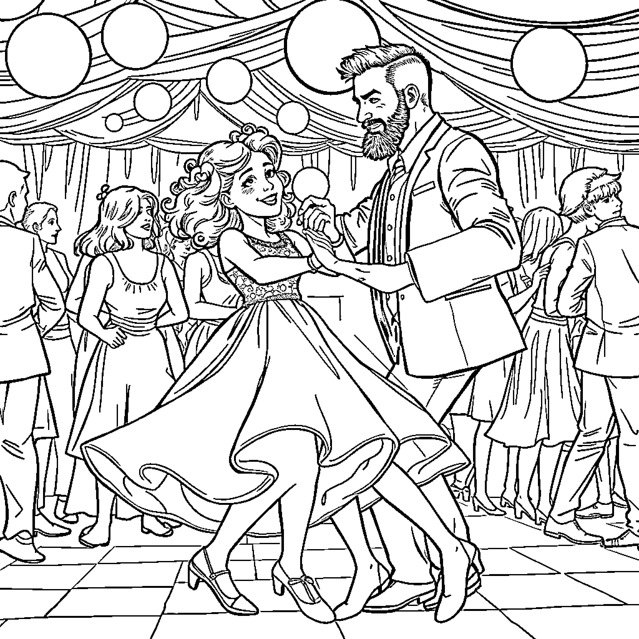 Chris Evans Dances Elegantly with a Woman at a Formal Event Coloring Page (free black-and-white line drawing printable PDF for all, from beginners to advanced learners, including children, teens, adults, and seniors)