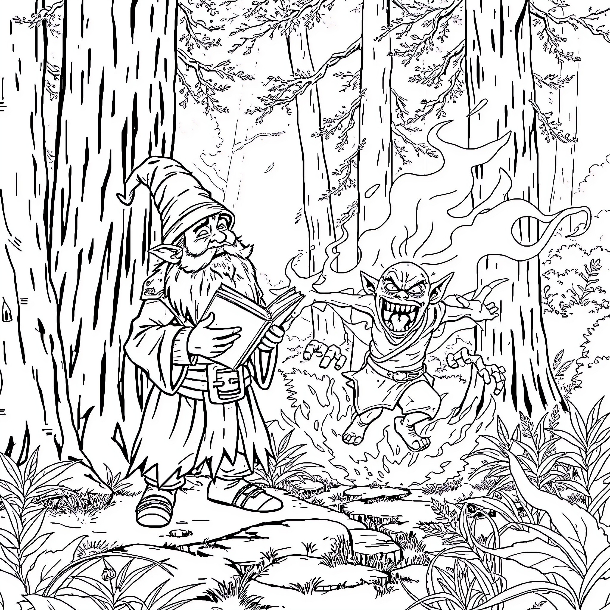Gnome in a perilous forest encounter Coloring Page (free black-and-white line drawing printable PDF for all, from beginners to advanced learners, including children, teens, adults, and seniors)