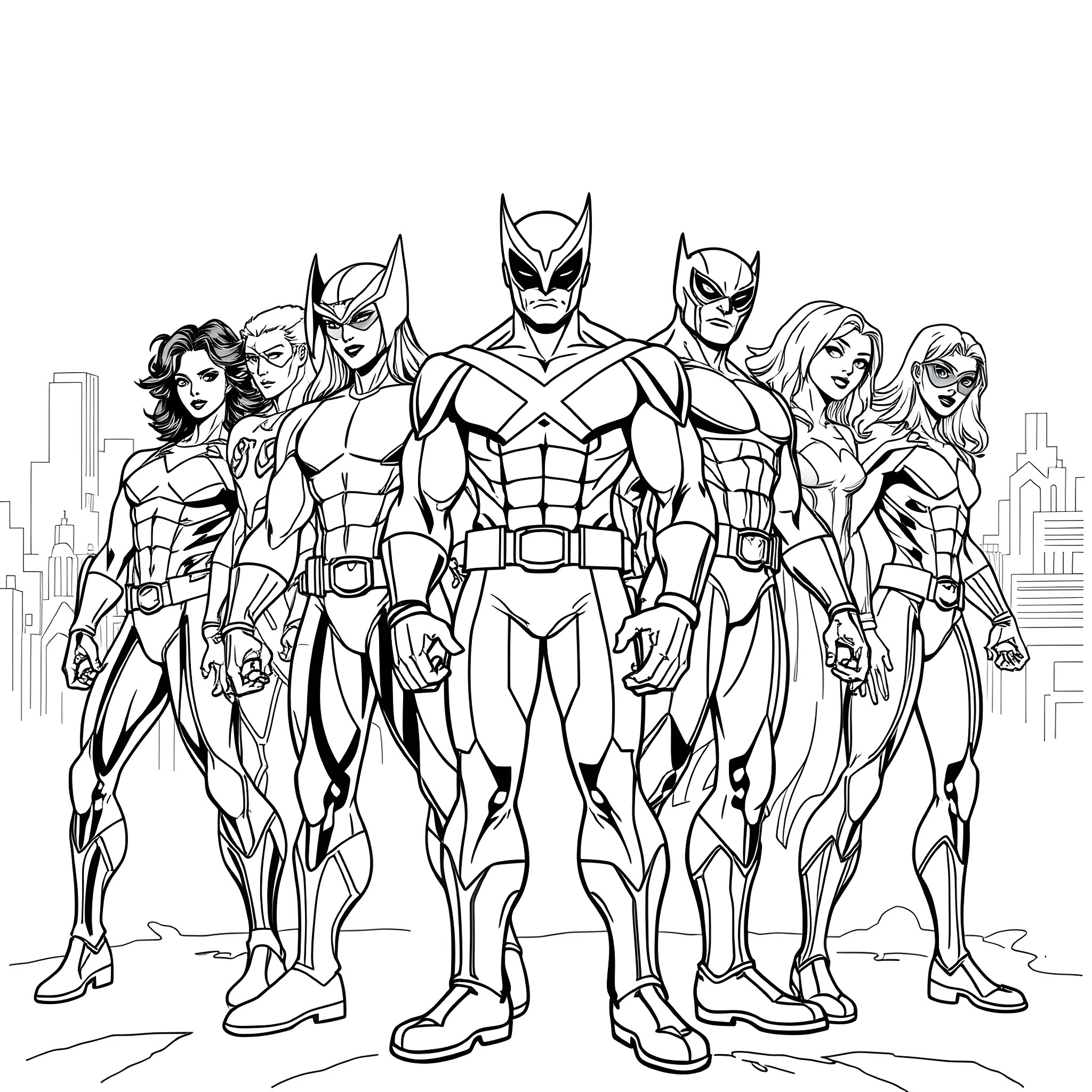 X-Men: Super Heroic Team in Action Poses Coloring Page (free black-and-white line drawing printable PDF for all, from beginners to advanced learners, including children, teens, adults, and seniors)