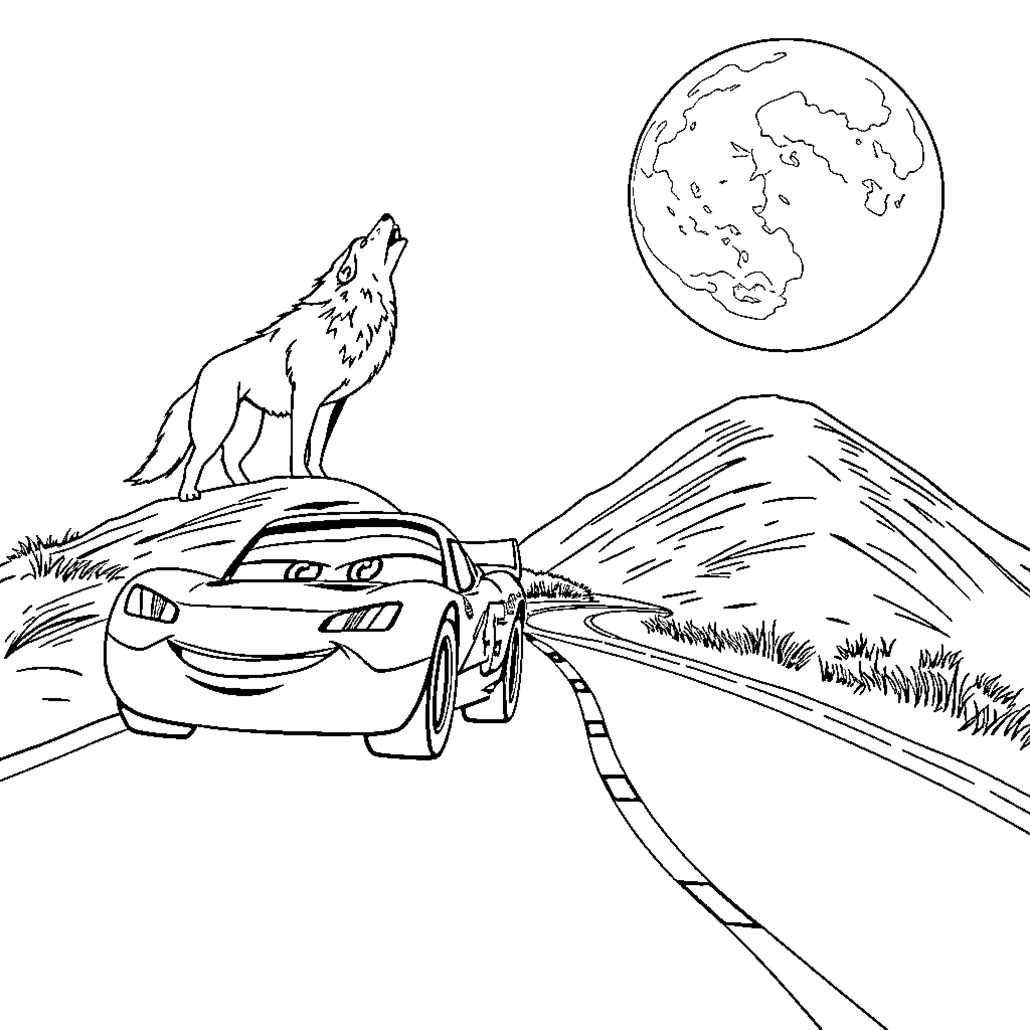 Lightning McQueen racing through the countryside at night Coloring Page (free black-and-white line drawing printable PDF for all, from beginners to advanced learners, including children, teens, adults, and seniors)