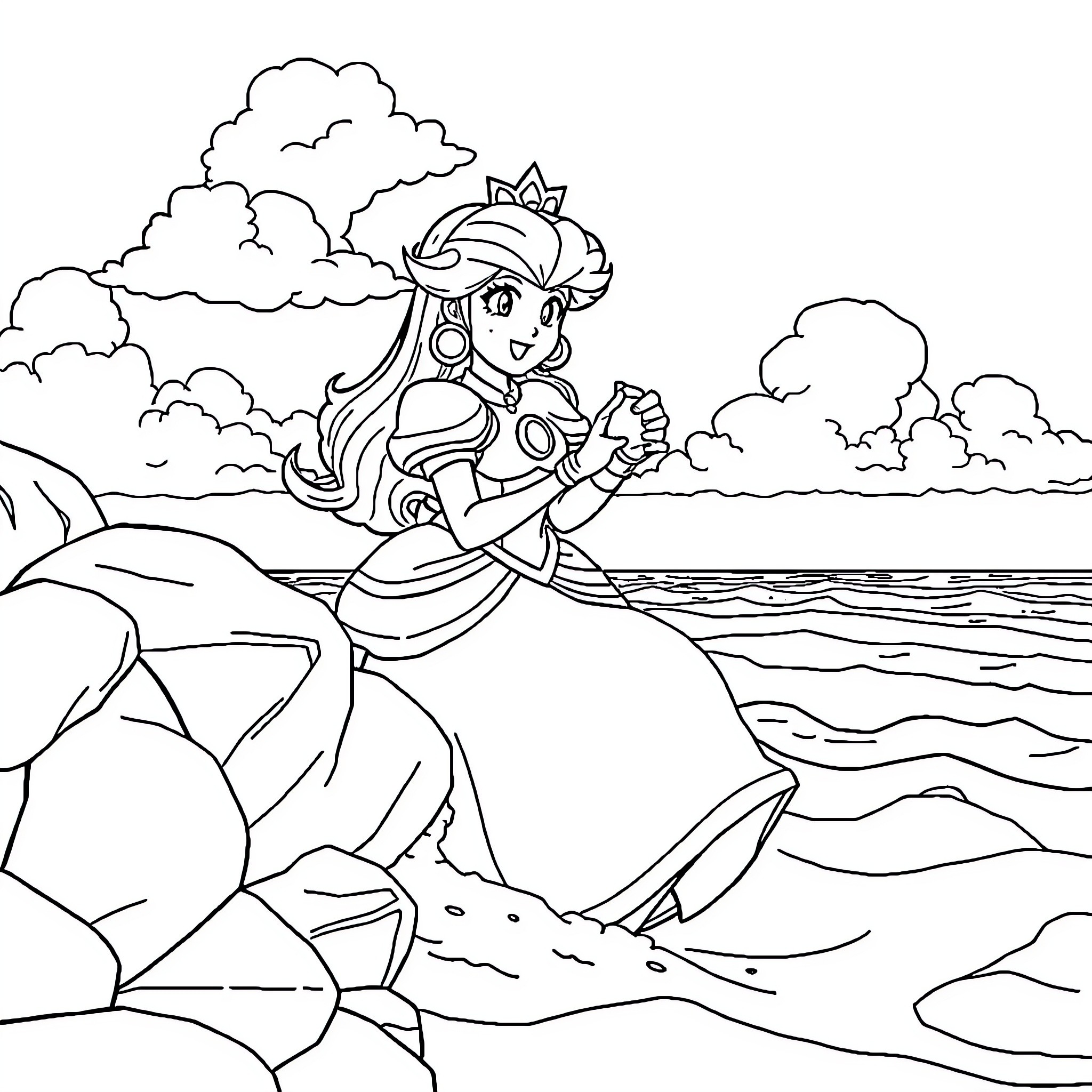 Princess Peach enjoying a beach adventure Coloring Page (free black-and-white line drawing printable PDF for all, from beginners to advanced learners, including children, teens, adults, and seniors)