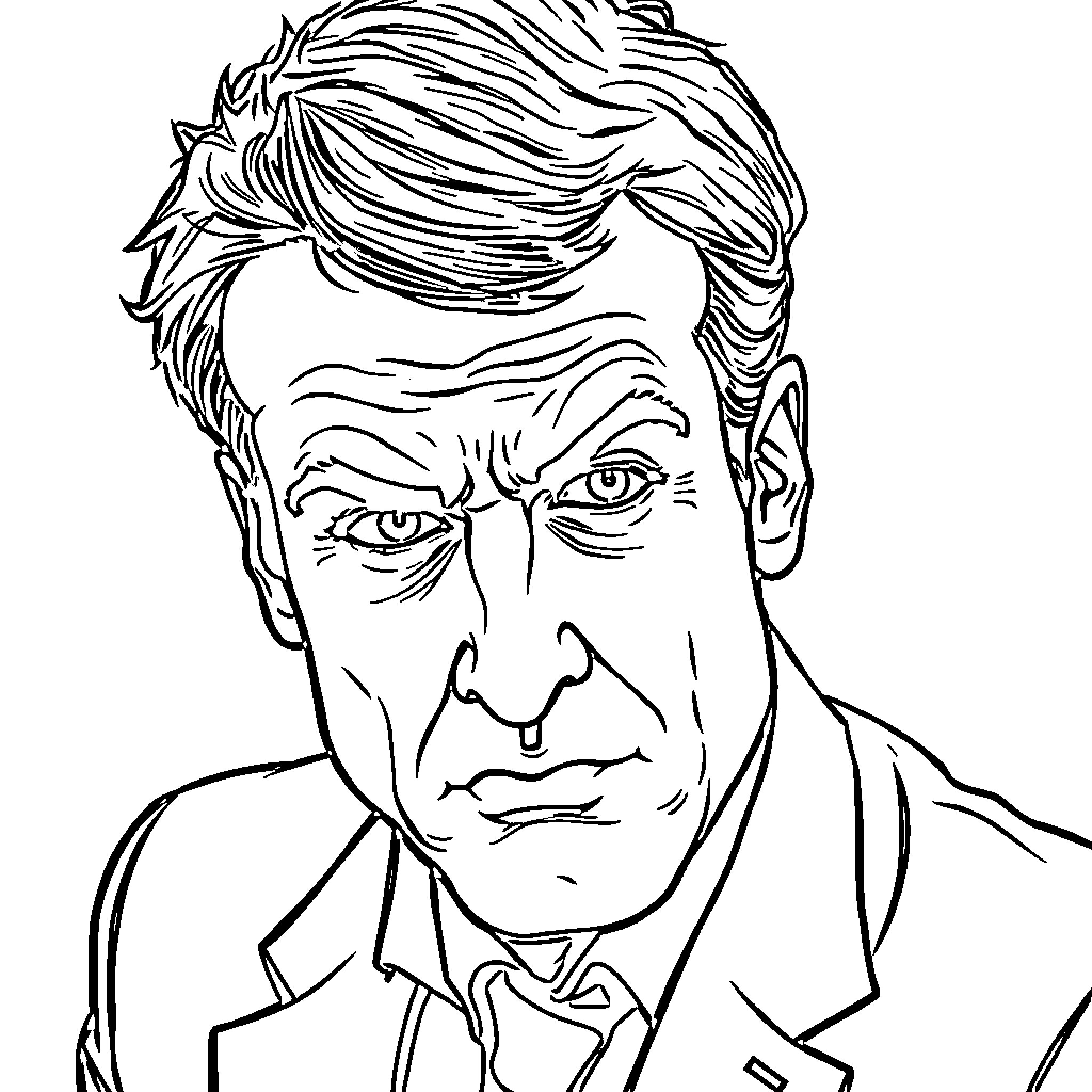 Macron in a serious expression Coloring Page (free black-and-white line drawing printable PDF for all, from beginners to advanced learners, including children, teens, adults, and seniors)