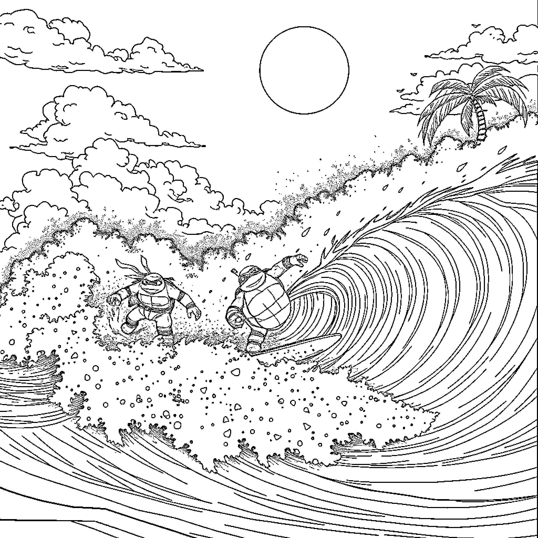 Teenage Mutant Ninja Turtles surfing on giant waves Coloring Page (free black-and-white line drawing printable PDF for all, from beginners to advanced learners, including children, teens, adults, and seniors)