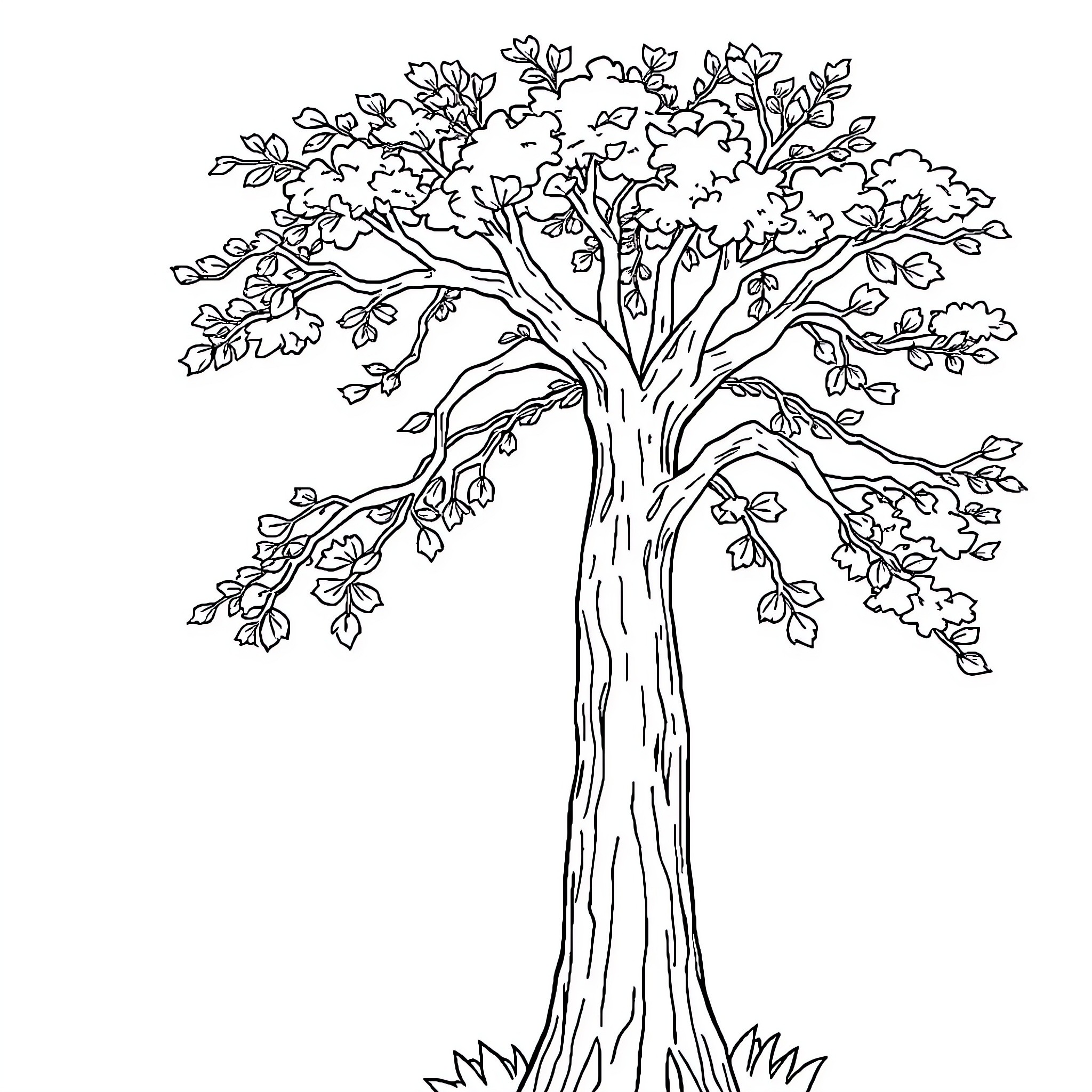 Tree with detailed branches and foliage Coloring Page (free black-and-white line drawing printable PDF for all, from beginners to advanced learners, including children, teens, adults, and seniors)