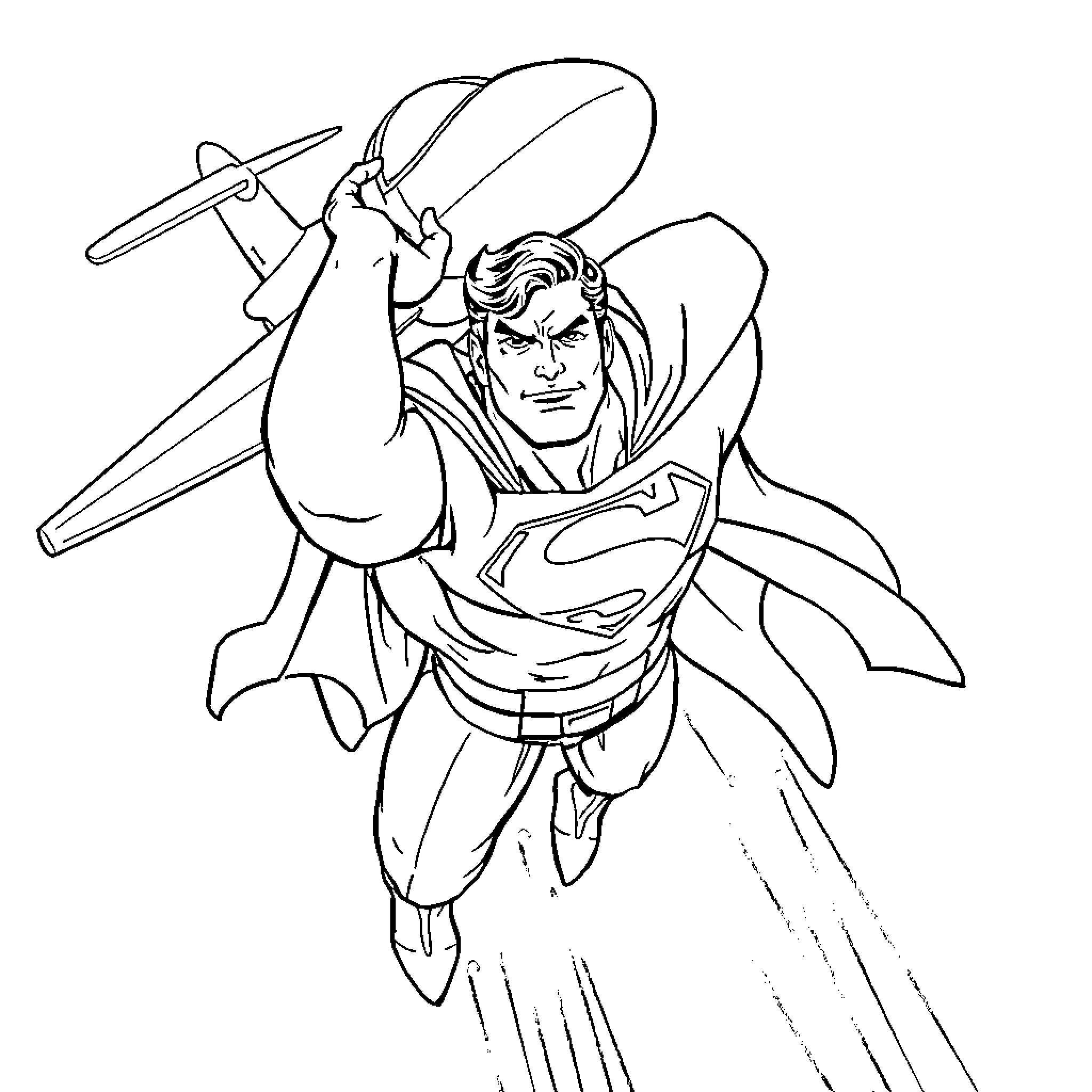 Superman flying with heroic determination Coloring Page (free black-and-white line drawing printable PDF for all, from beginners to advanced learners, including children, teens, adults, and seniors)