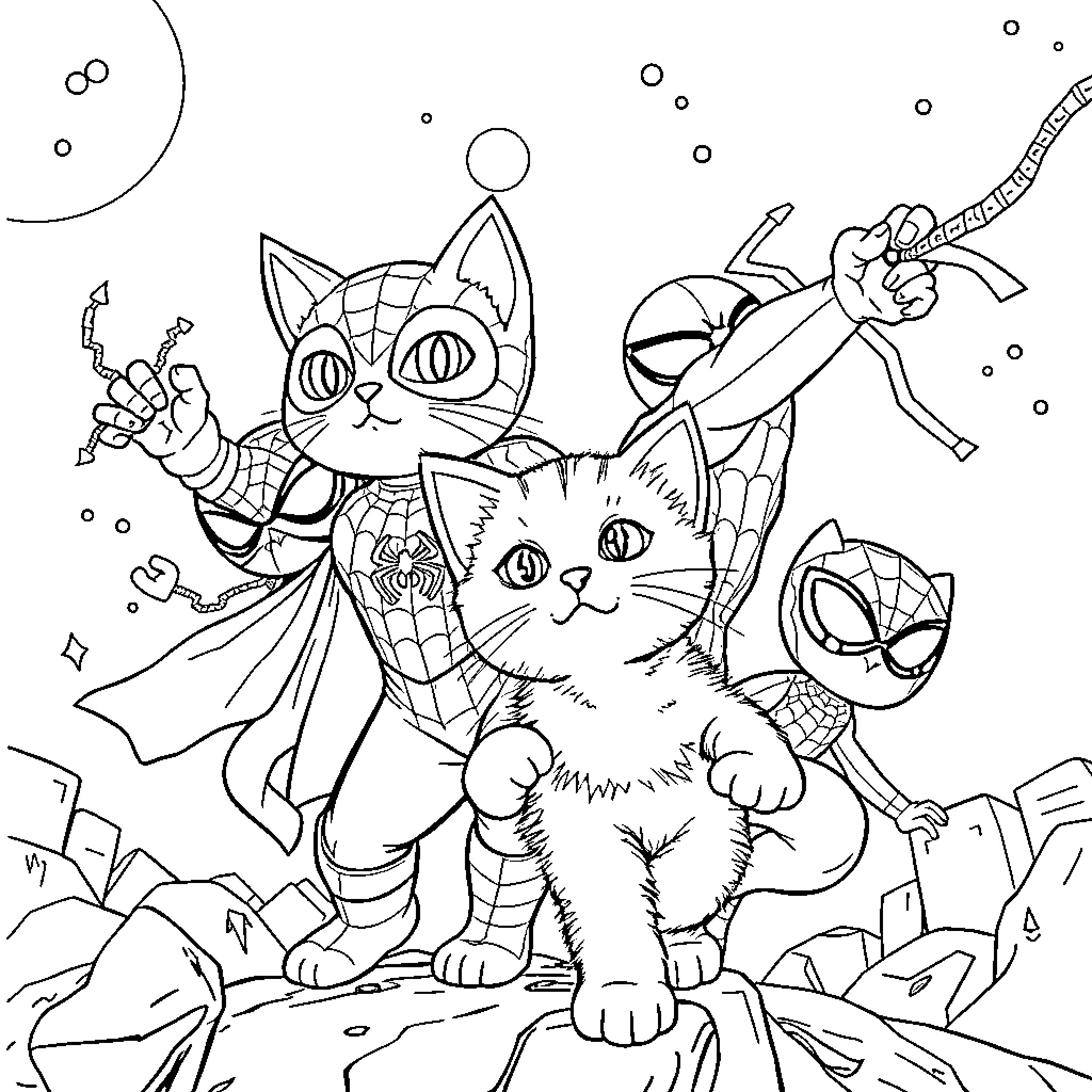 Superhero Cats Saving the City Coloring Page (free black-and-white line drawing printable PDF for all, from beginners to advanced learners, including children, teens, adults, and seniors)