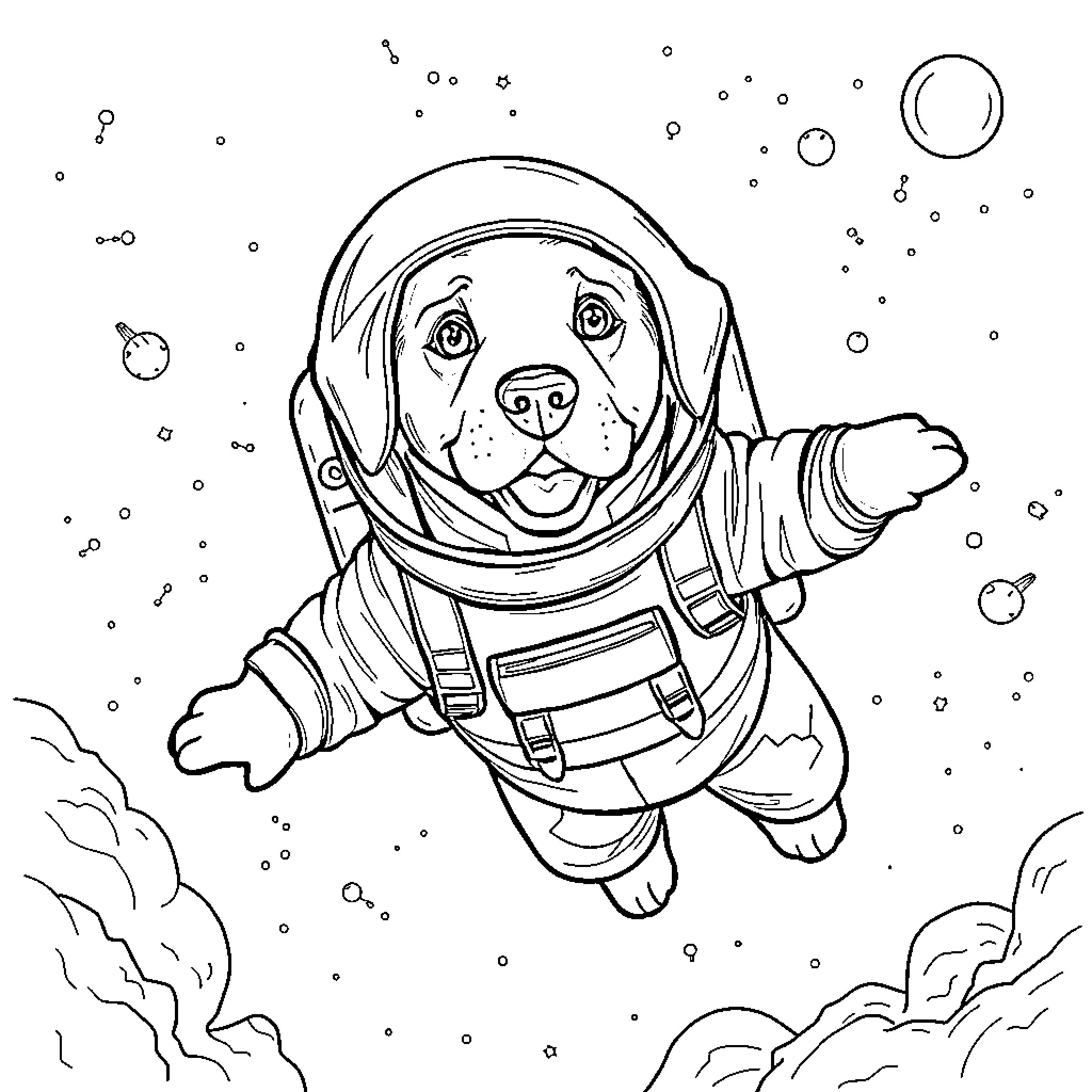 Labrador astronaut exploring the cosmos Coloring Page (free black-and-white line drawing printable PDF for all, from beginners to advanced learners, including children, teens, adults, and seniors)