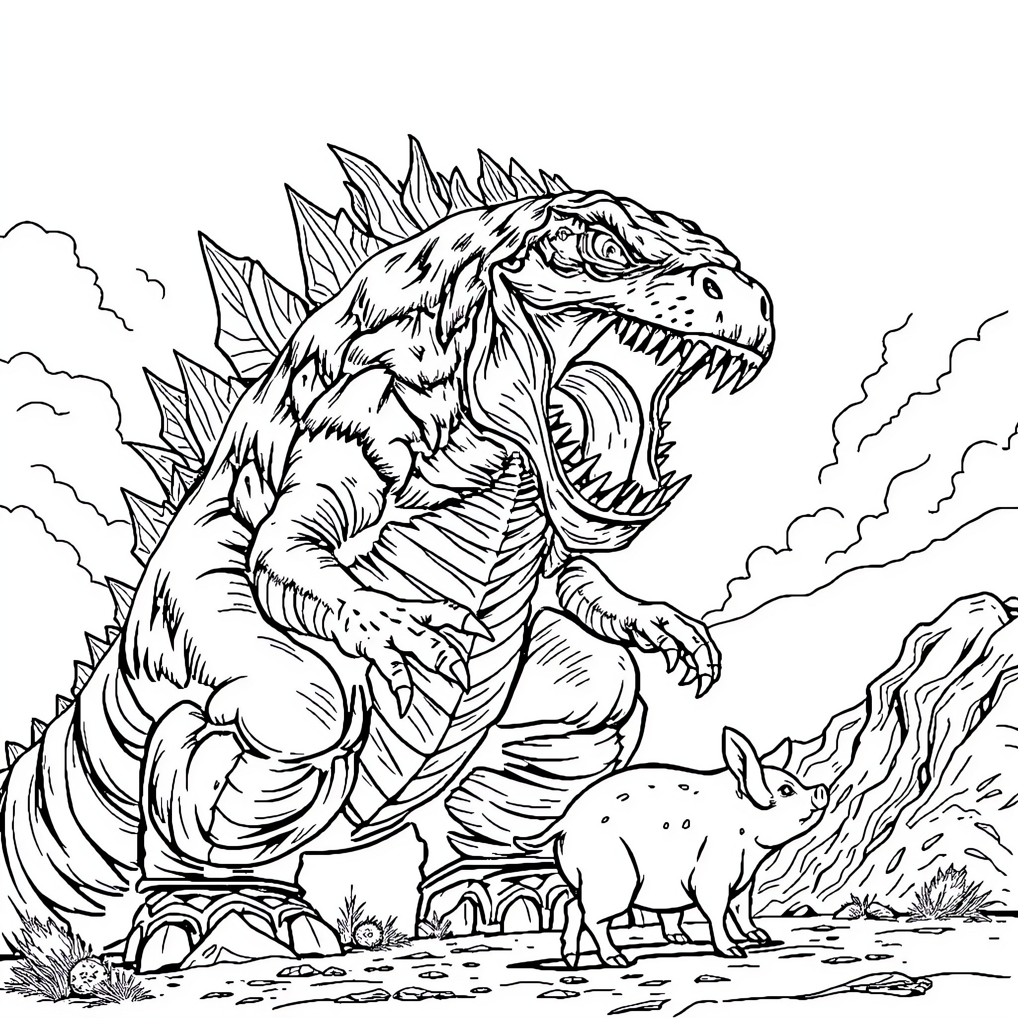 Godzilla Stomping Through Prehistoric Landscape Coloring Page (free black-and-white line drawing printable PDF for all, from beginners to advanced learners, including children, teens, adults, and seniors)