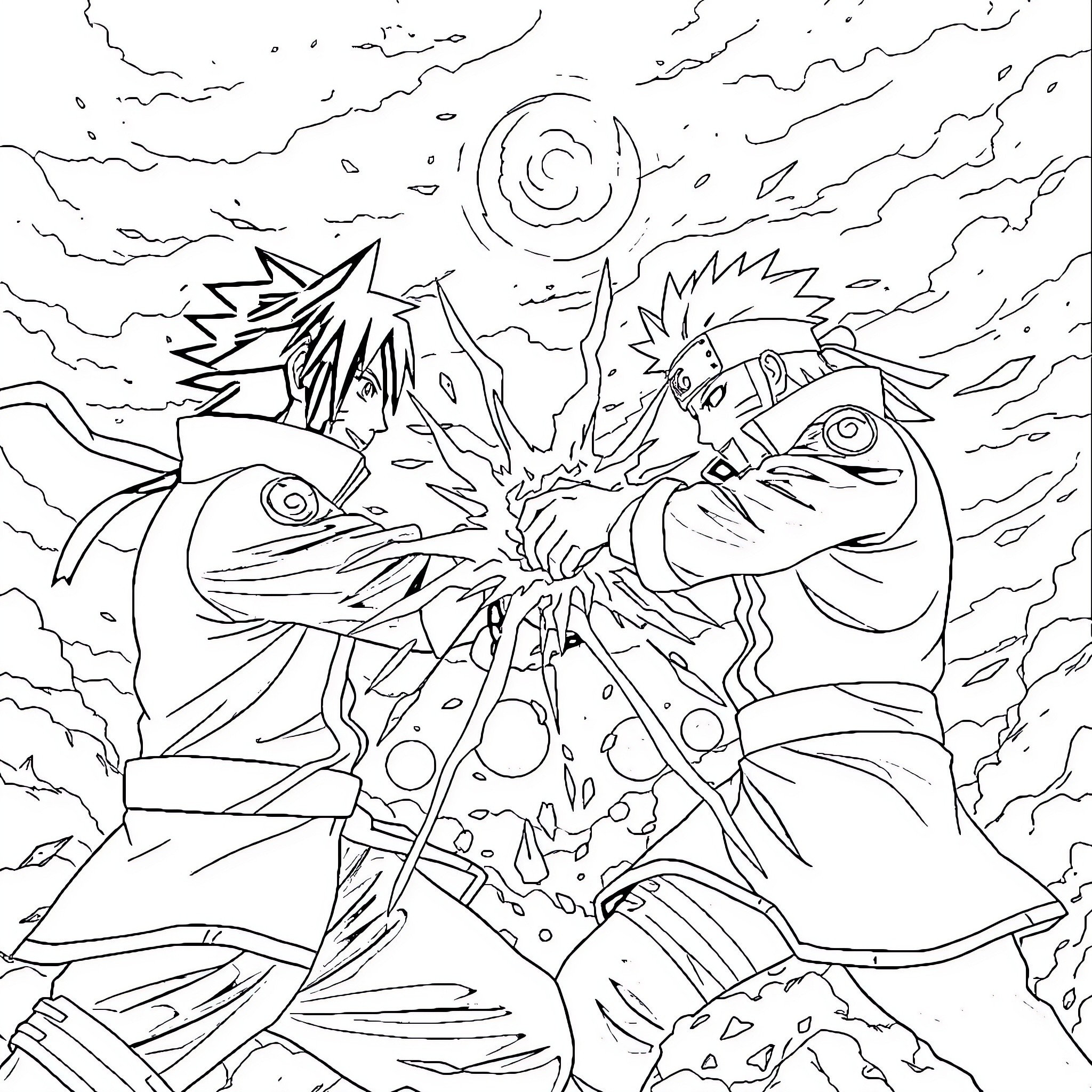 Sasuke and Naruto in Intense Battle Coloring Page (free black-and-white line drawing printable PDF for all, from beginners to advanced learners, including children, teens, adults, and seniors)