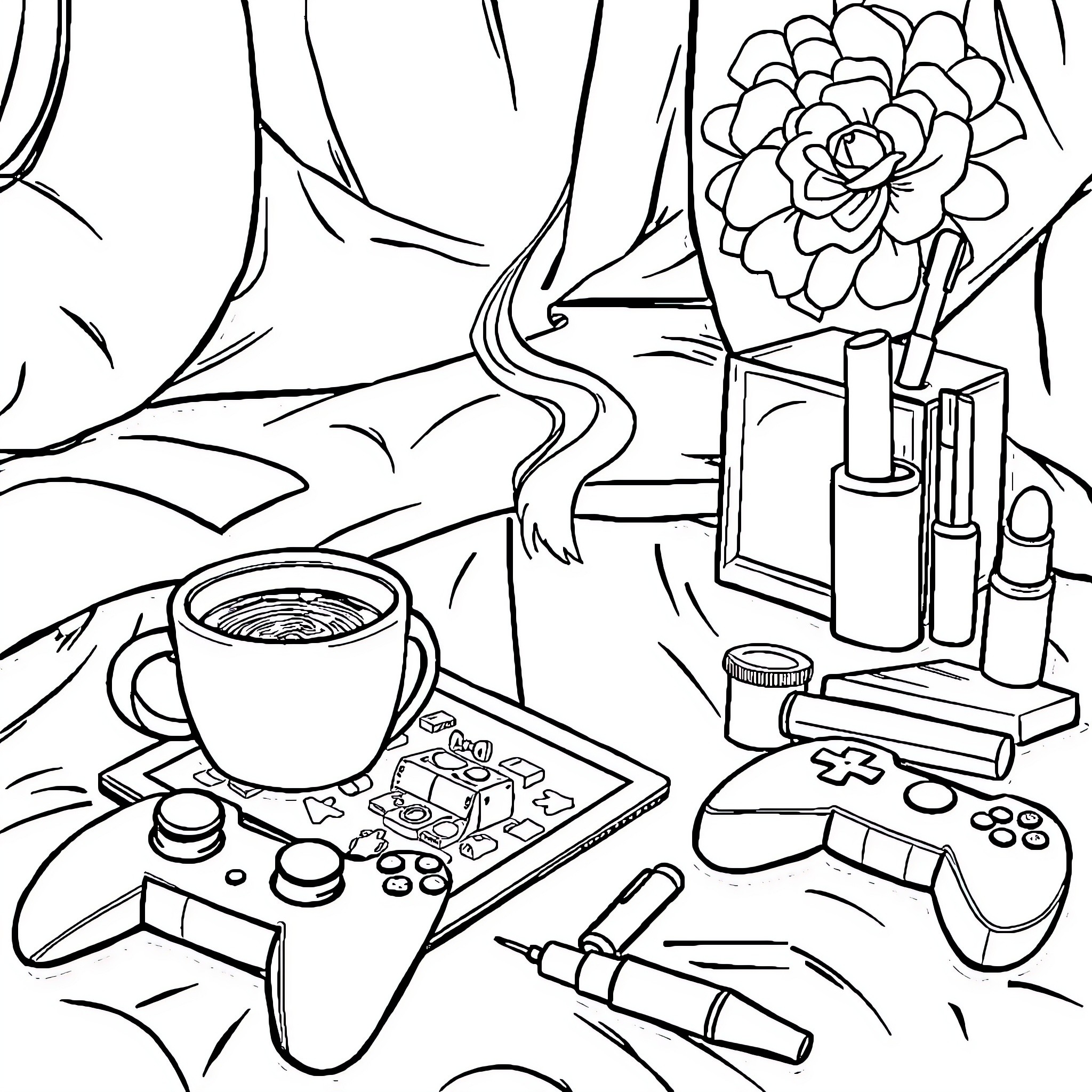 Girly Things Relaxing with Coffee and Video Games Coloring Page (free black-and-white line drawing printable PDF for all, from beginners to advanced learners, including children, teens, adults, and seniors)