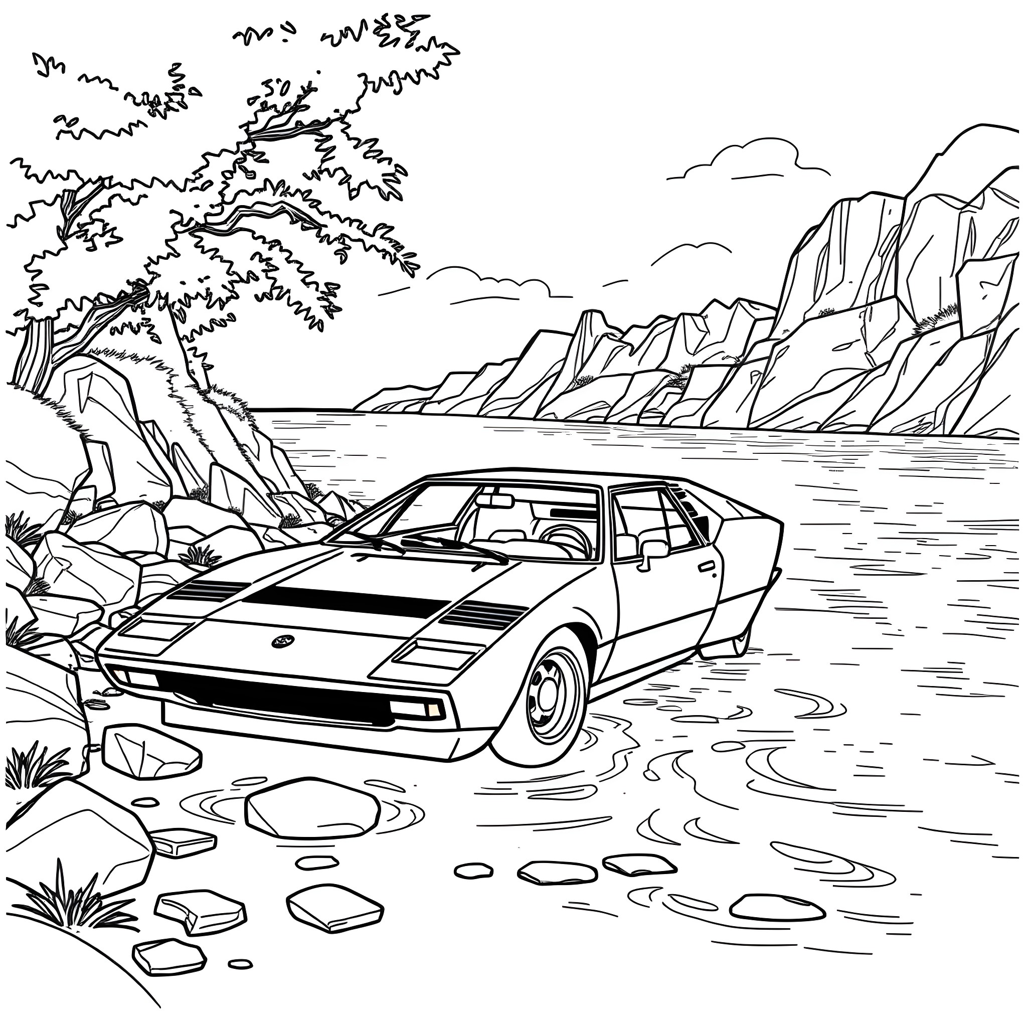 Lancia Stratos cruising through the scenic landscape Coloring Page (free black-and-white line drawing printable PDF for all, from beginners to advanced learners, including children, teens, adults, and seniors)