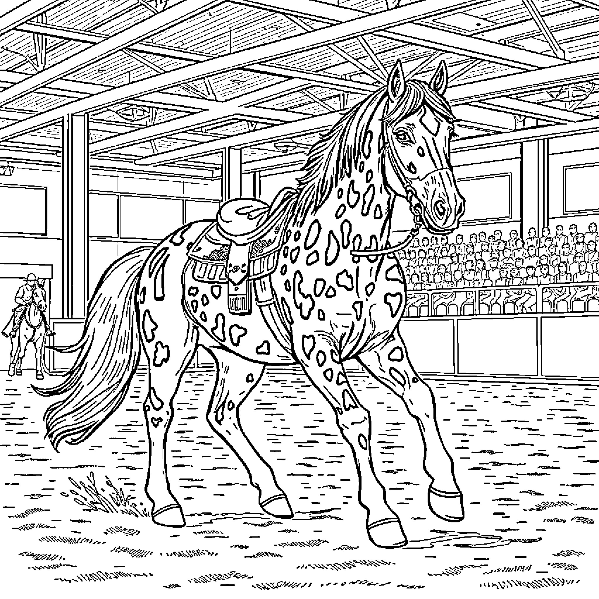 Horse with Ornate Saddle in Stable Coloring Page (free black-and-white line drawing printable PDF for all, from beginners to advanced learners, including children, teens, adults, and seniors)