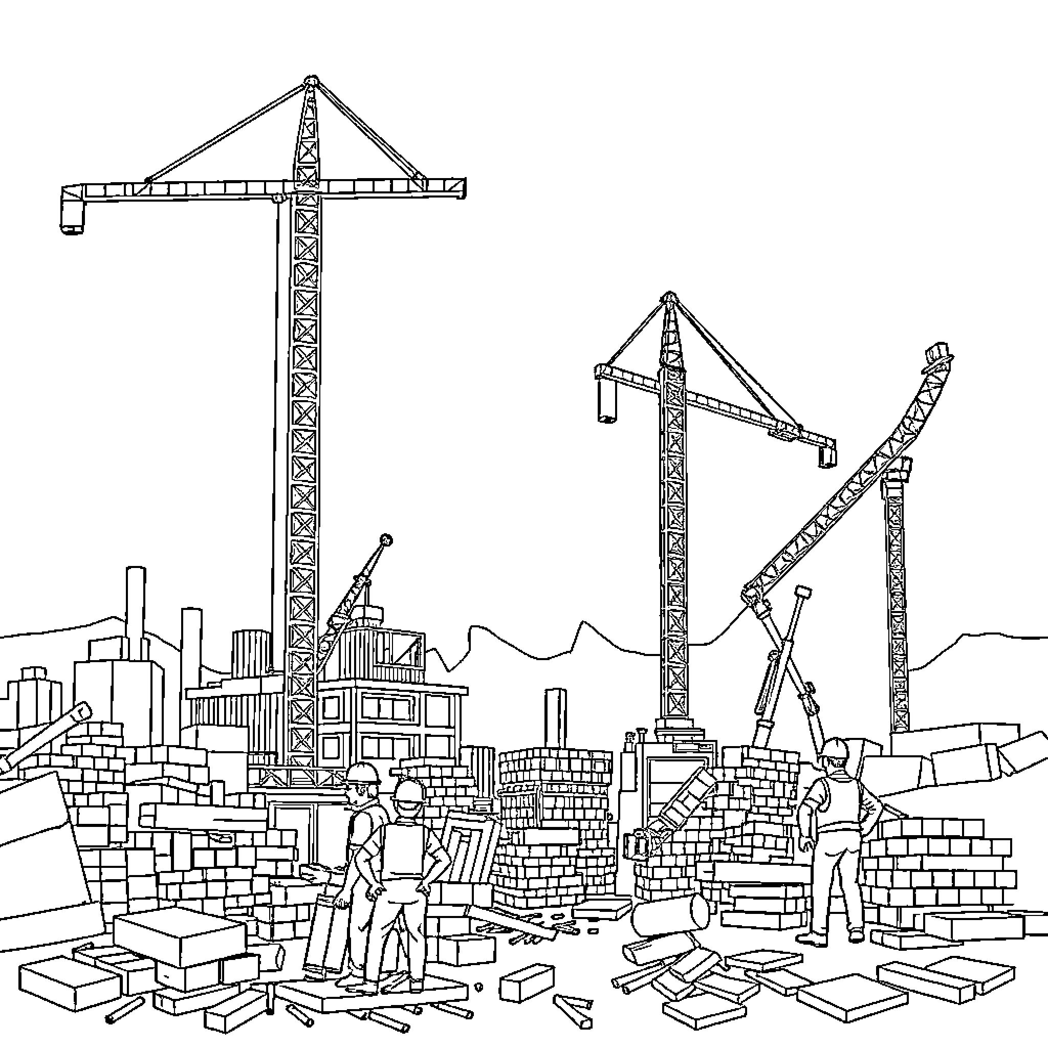 Construction Site with Cranes and Workers Coloring Page (free black-and-white line drawing printable PDF for all, from beginners to advanced learners, including children, teens, adults, and seniors)