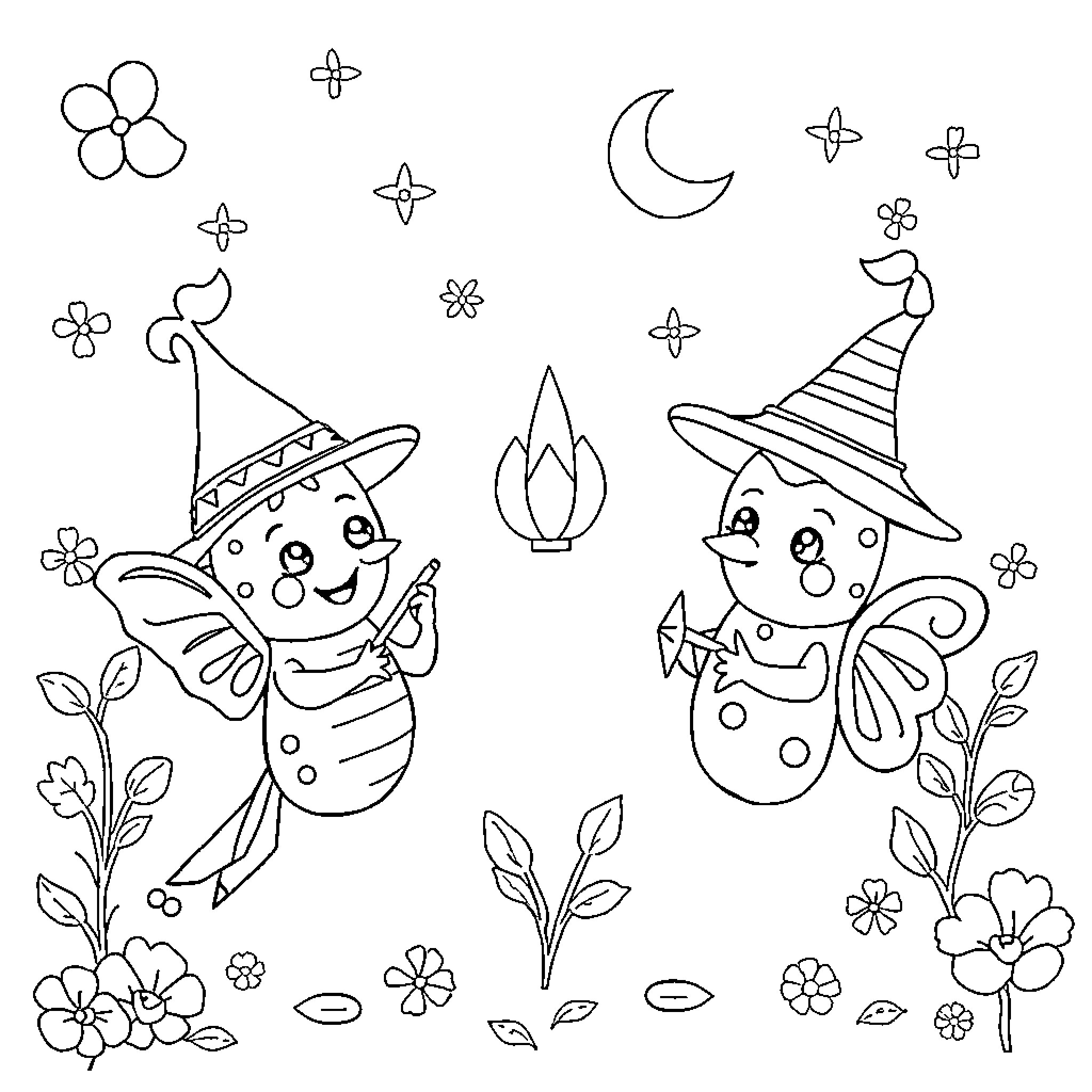 Fairy creatures playing in the enchanted garden Coloring Page (free black-and-white line drawing printable PDF for all, from beginners to advanced learners, including children, teens, adults, and seniors)