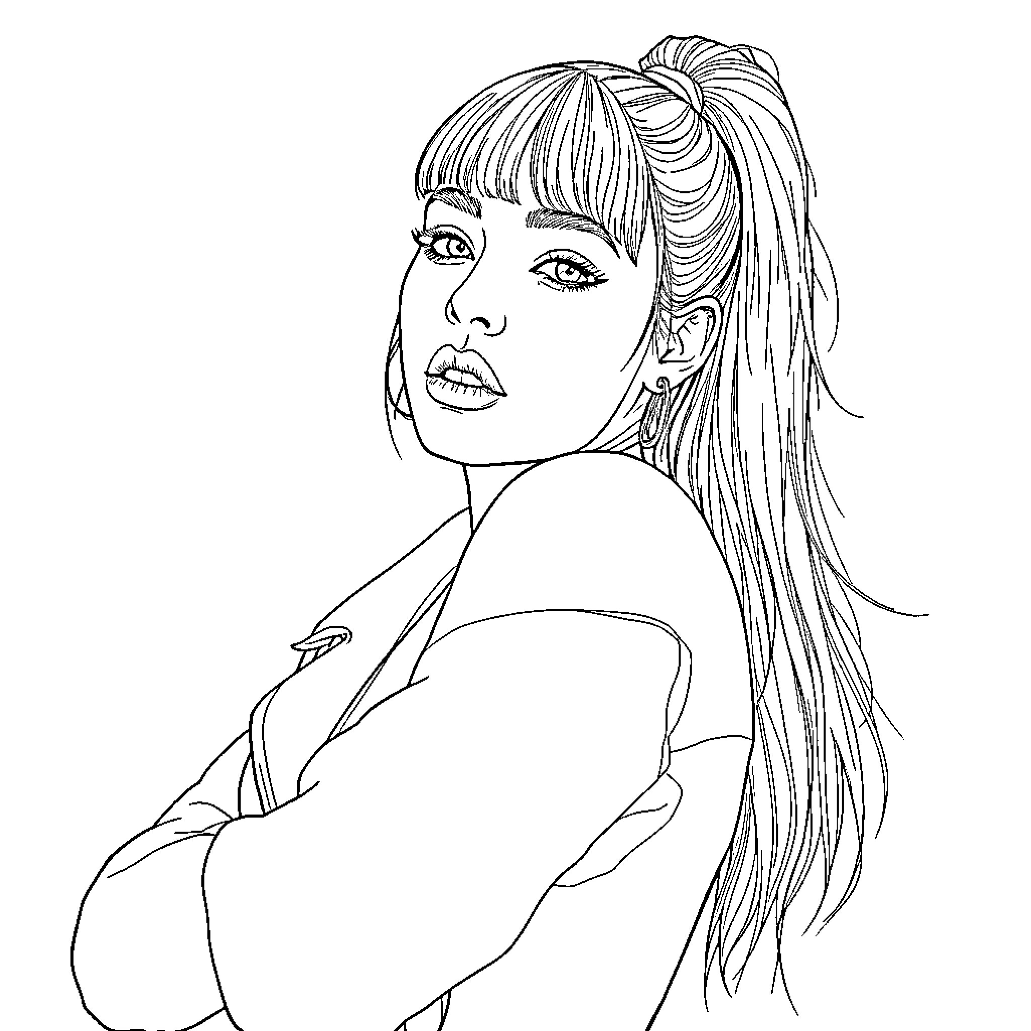 Billie Eilish in pensive pose Coloring Page (free black-and-white line drawing printable PDF for all, from beginners to advanced learners, including children, teens, adults, and seniors)