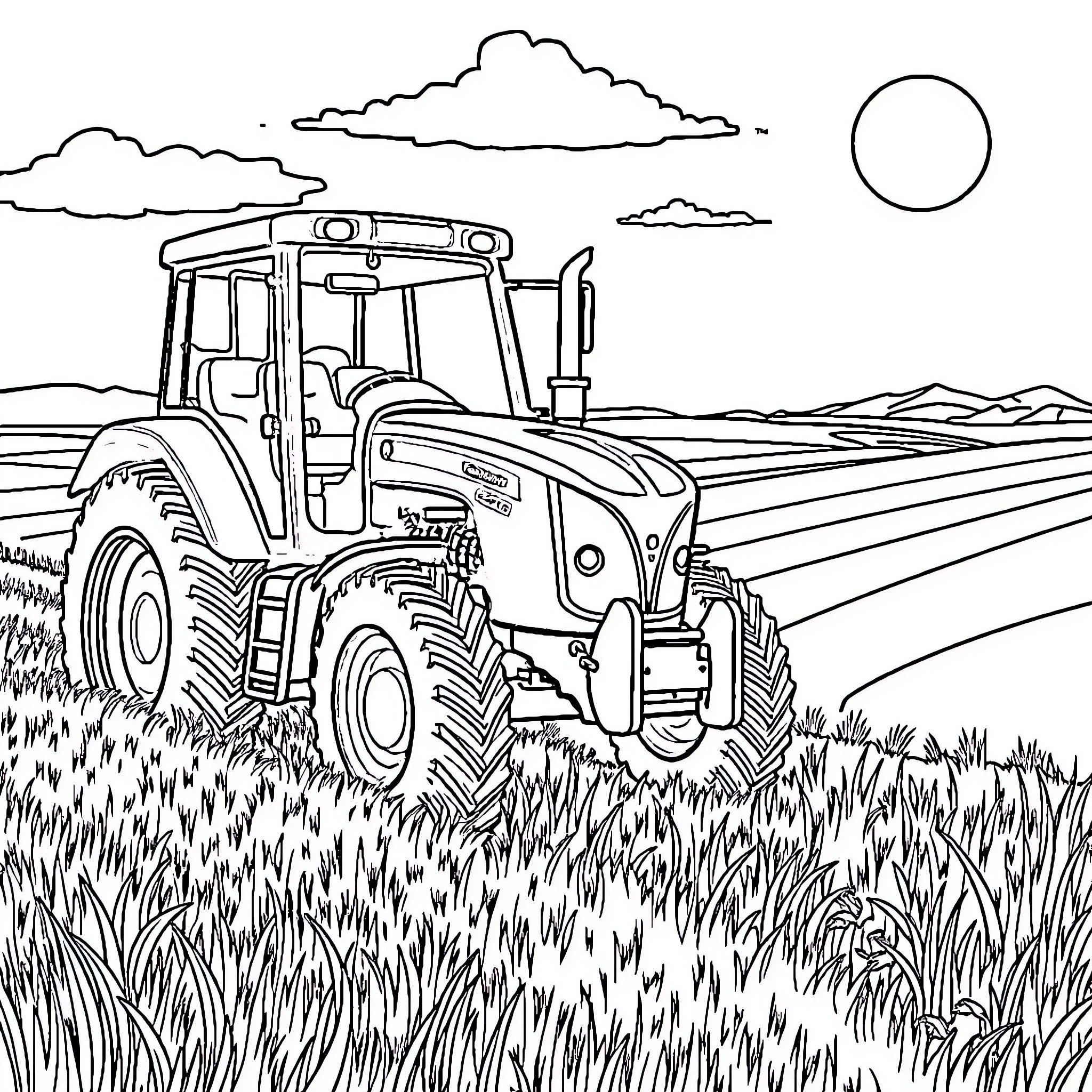 Tractor plowing through the fields under the sun Coloring Page (free black-and-white line drawing printable PDF for all, from beginners to advanced learners, including children, teens, adults, and seniors)