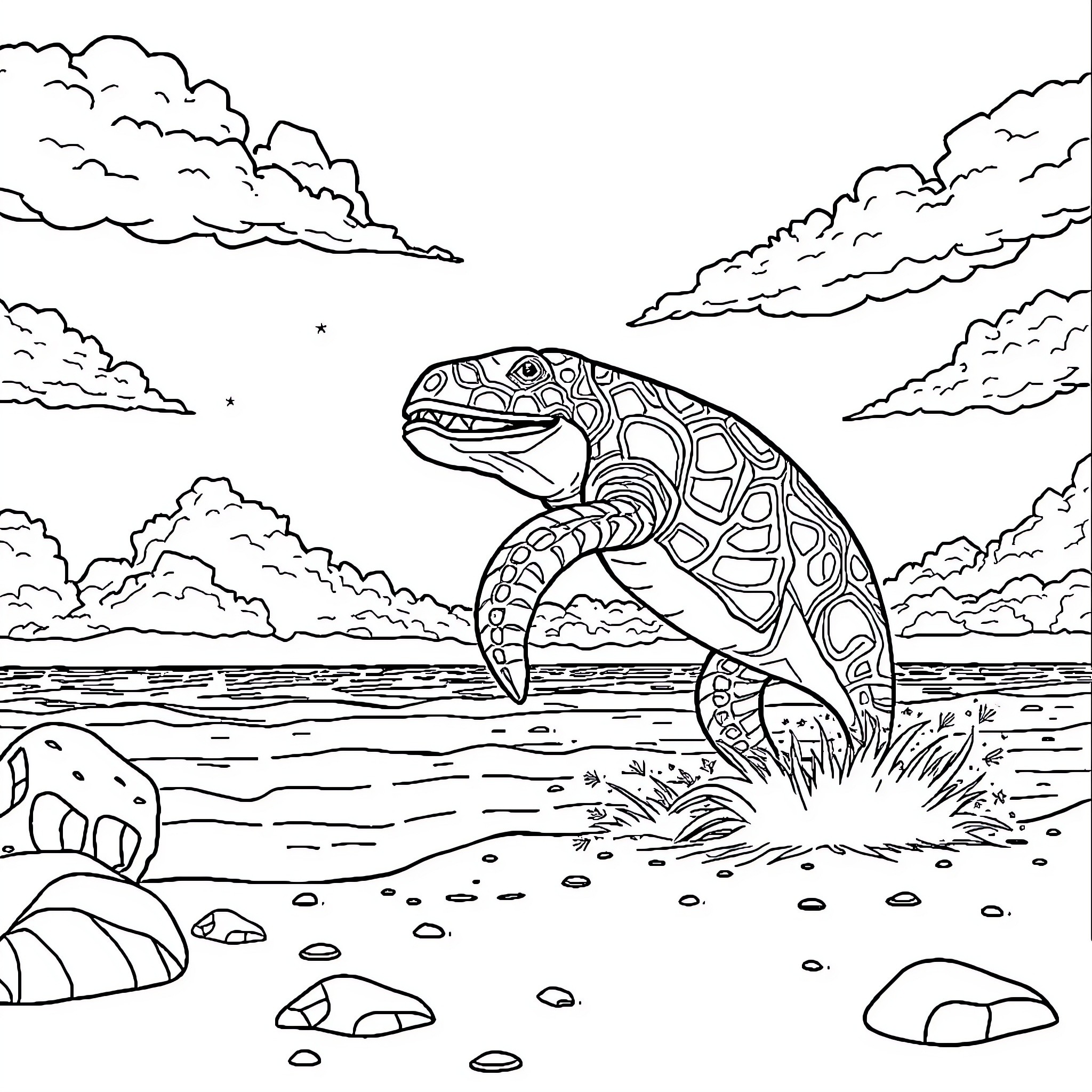 Monster lizard prowling the coastal shore Coloring Page (free black-and-white line drawing printable PDF for all, from beginners to advanced learners, including children, teens, adults, and seniors)