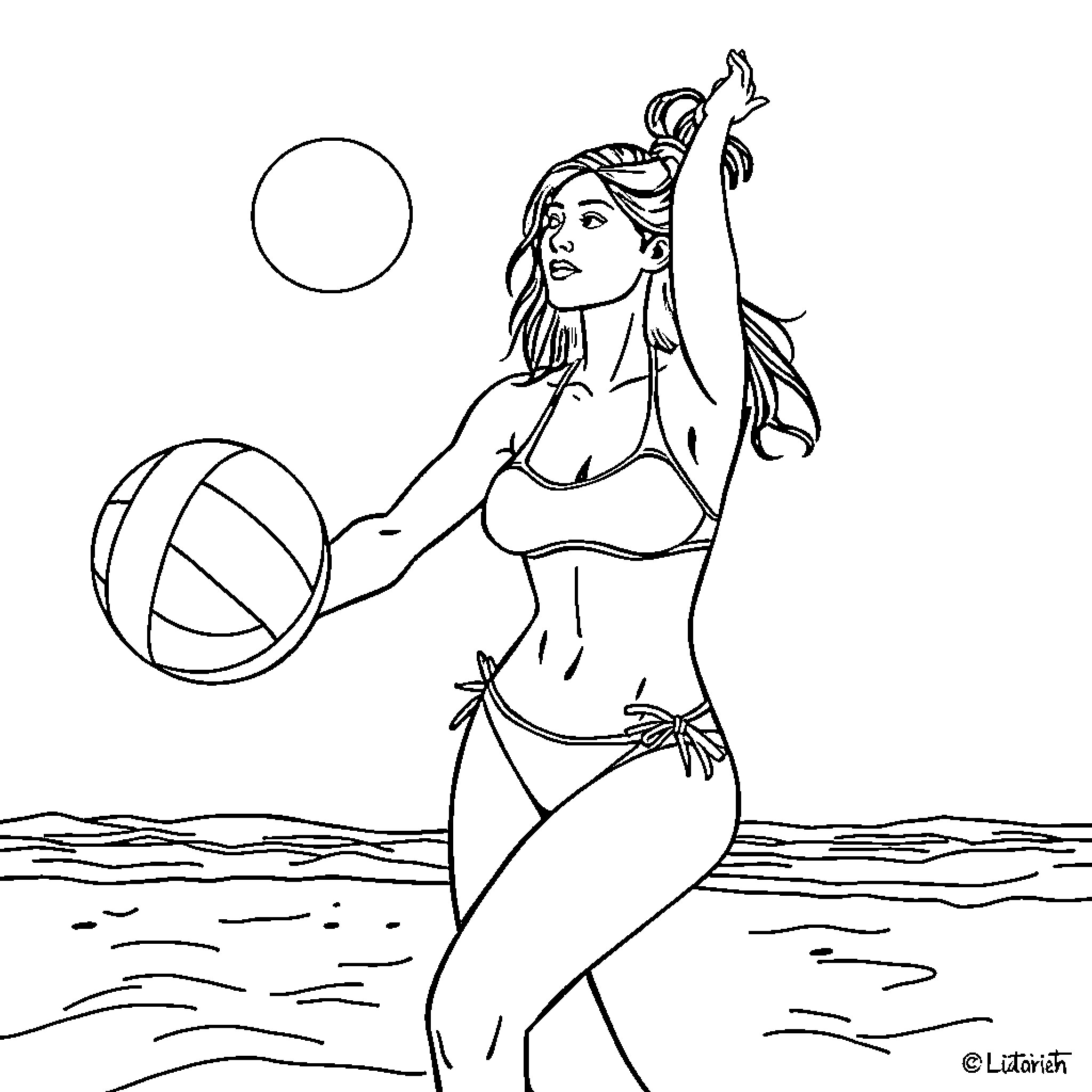 Girl playing with ball on the beach Coloring Page (free black-and-white line drawing printable PDF for all, from beginners to advanced learners, including children, teens, adults, and seniors)