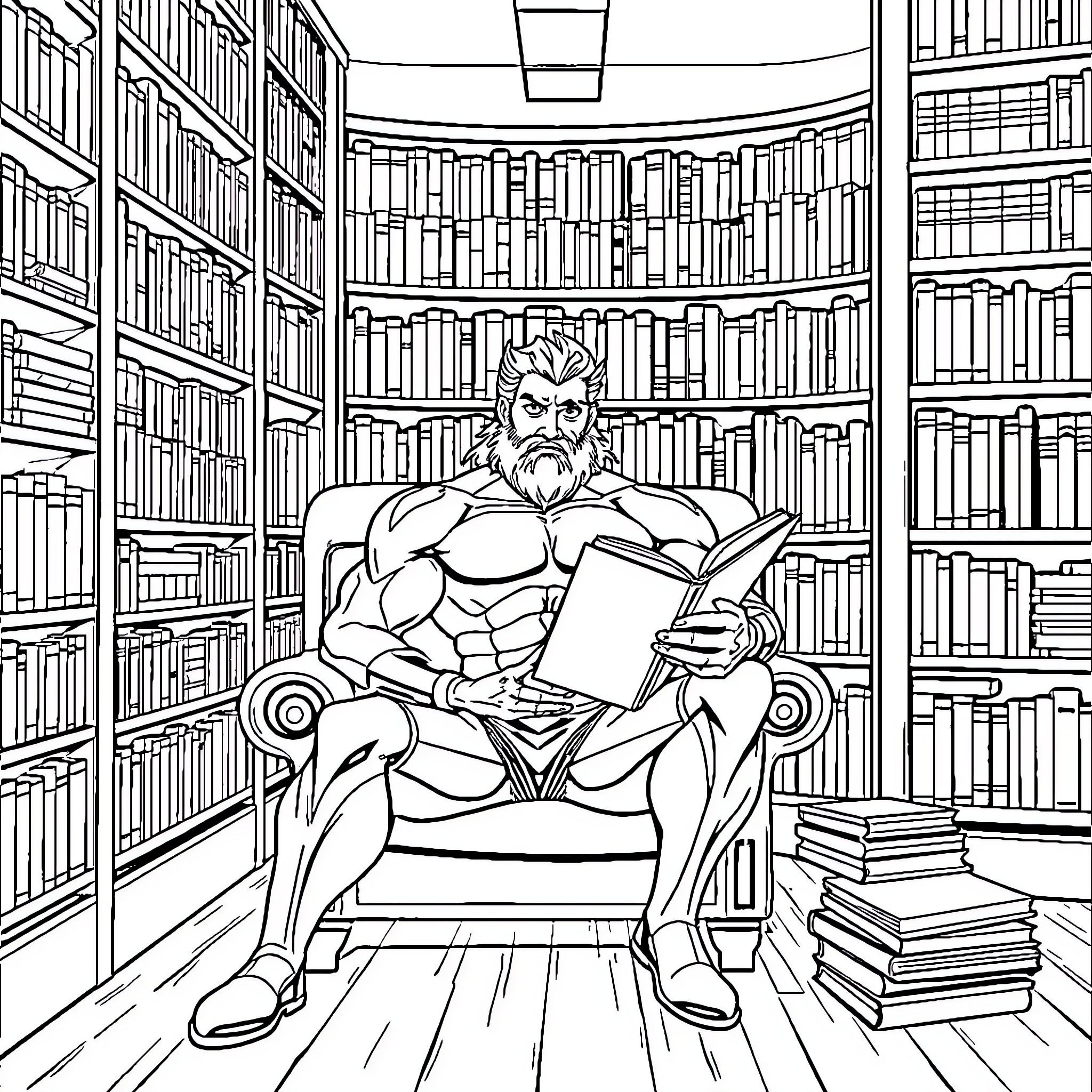 Aquaman Relaxing and Reading in the Library Coloring Page (free black-and-white line drawing printable PDF for all, from beginners to advanced learners, including children, teens, adults, and seniors)