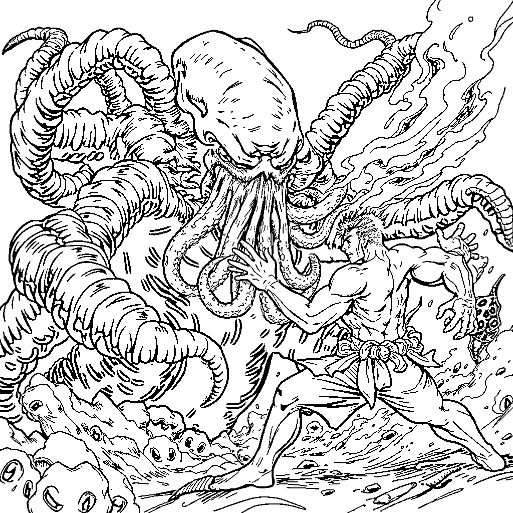 Cthulhu Awakens: Cosmic Horror and Eldritch Abomination Coloring Page (free black-and-white line drawing printable PDF for all, from beginners to advanced learners, including children, teens, adults, and seniors)