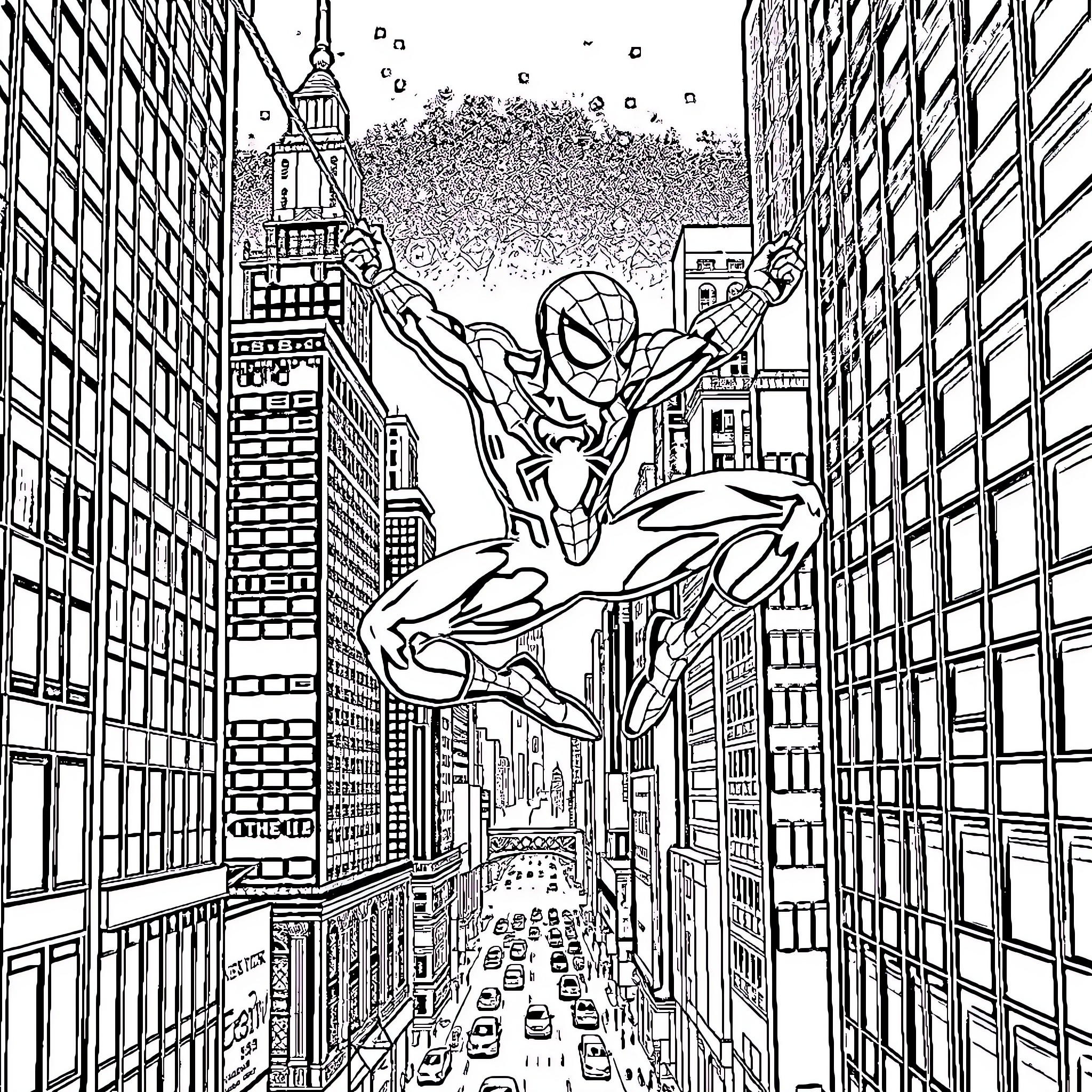 Spiderman swinging through the city skyline Coloring Page (free black-and-white line drawing printable PDF for all, from beginners to advanced learners, including children, teens, adults, and seniors)