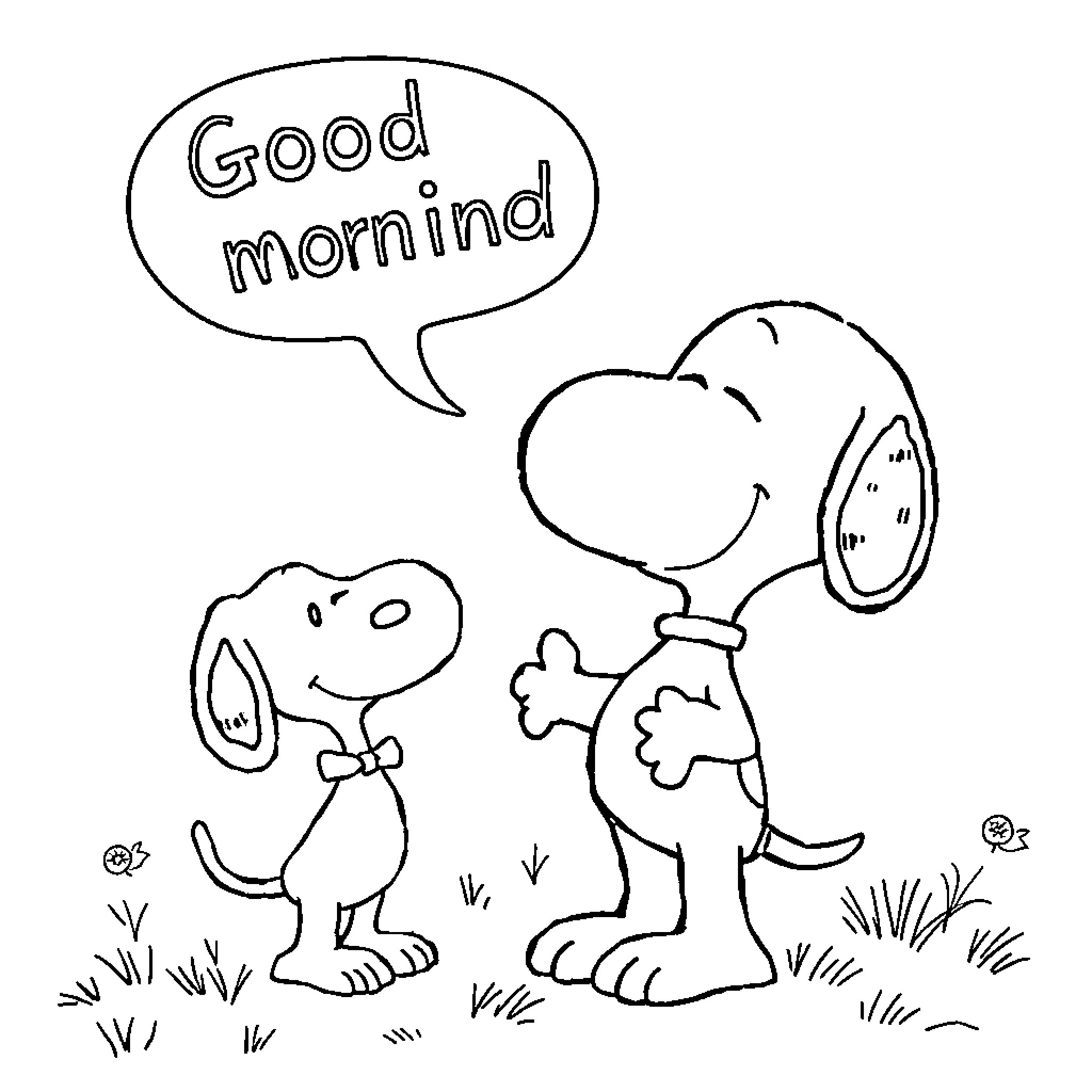 Snoopy greets friend with a 'Good morning' Coloring Page (free black-and-white line drawing printable PDF for all, from beginners to advanced learners, including children, teens, adults, and seniors)