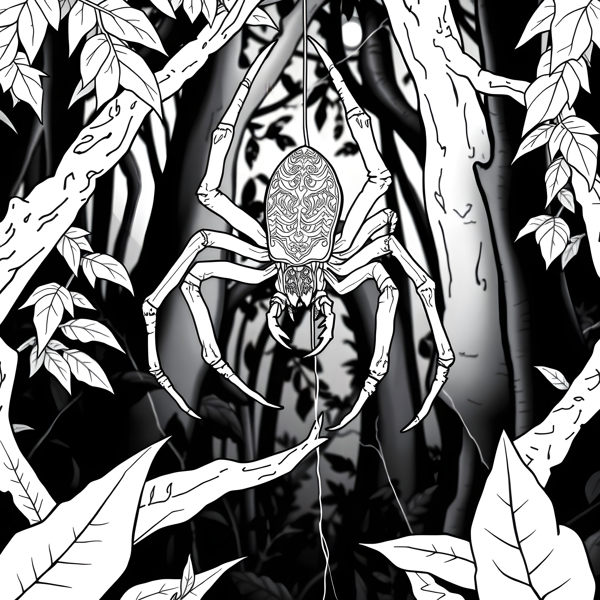 Spider lurking in the foliage Coloring Page (free black-and-white line drawing printable PDF for all, from beginners to advanced learners, including children, teens, adults, and seniors)