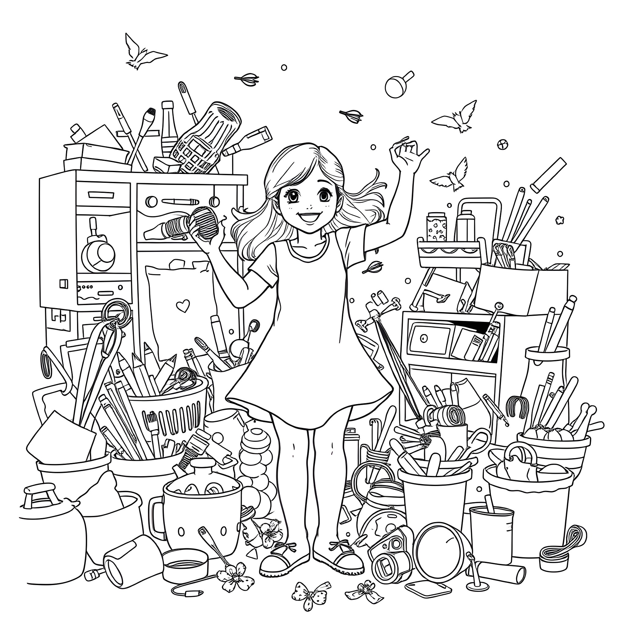 Sister surrounded by school and art supplies Coloring Page (free black-and-white line drawing printable PDF for all, from beginners to advanced learners, including children, teens, adults, and seniors)