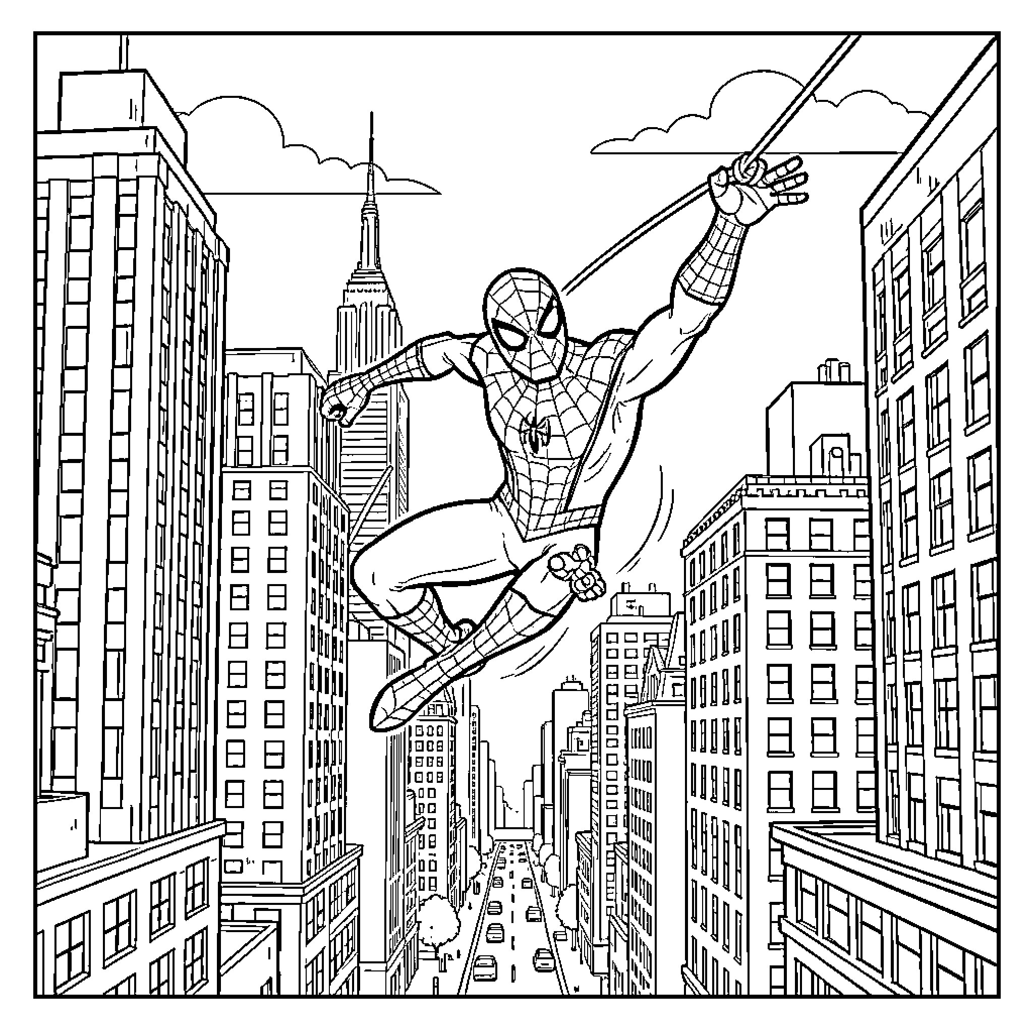 Spiderman swinging through the city skyline Coloring Page (free black-and-white line drawing printable PDF for all, from beginners to advanced learners, including children, teens, adults, and seniors)