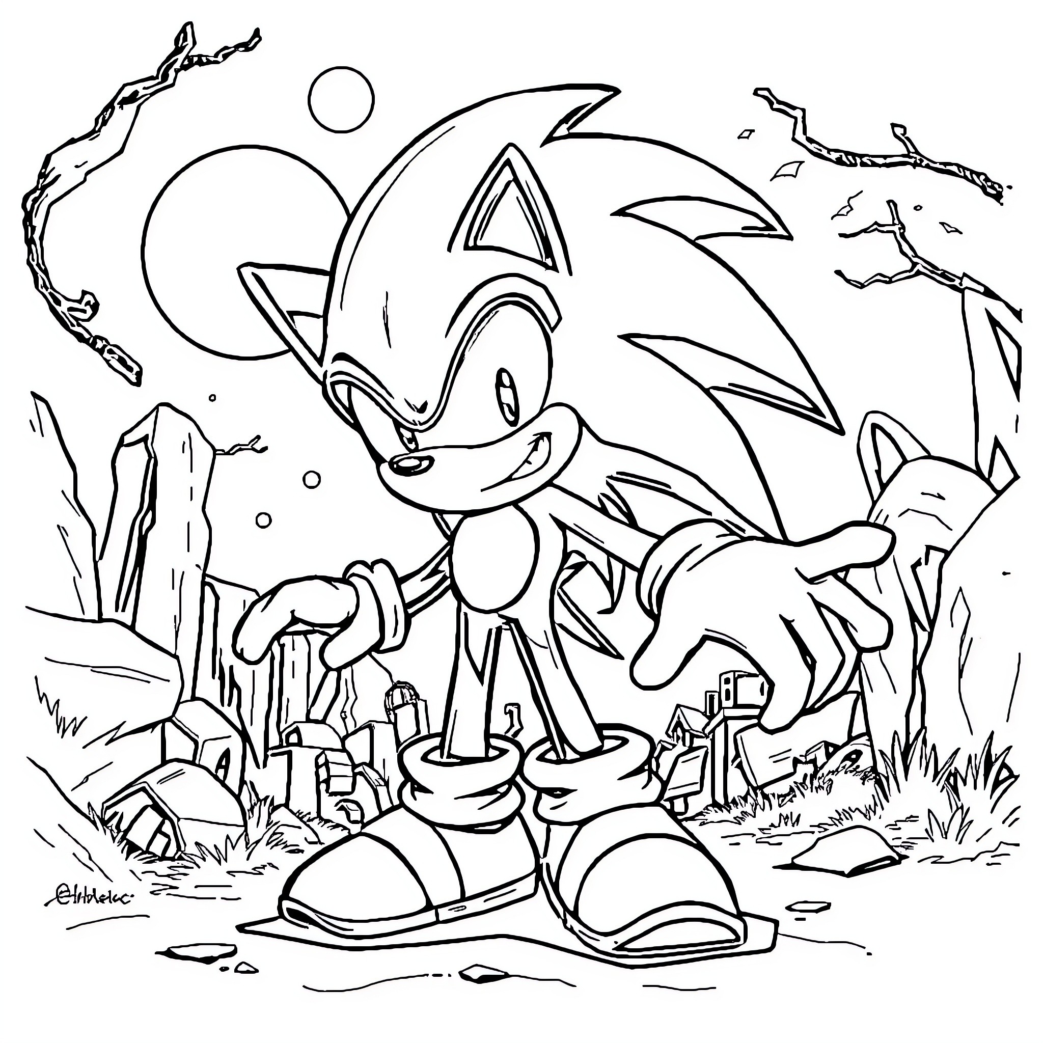 Sonic dashing through the whimsical landscape Coloring Page (free black-and-white line drawing printable PDF for all, from beginners to advanced learners, including children, teens, adults, and seniors)