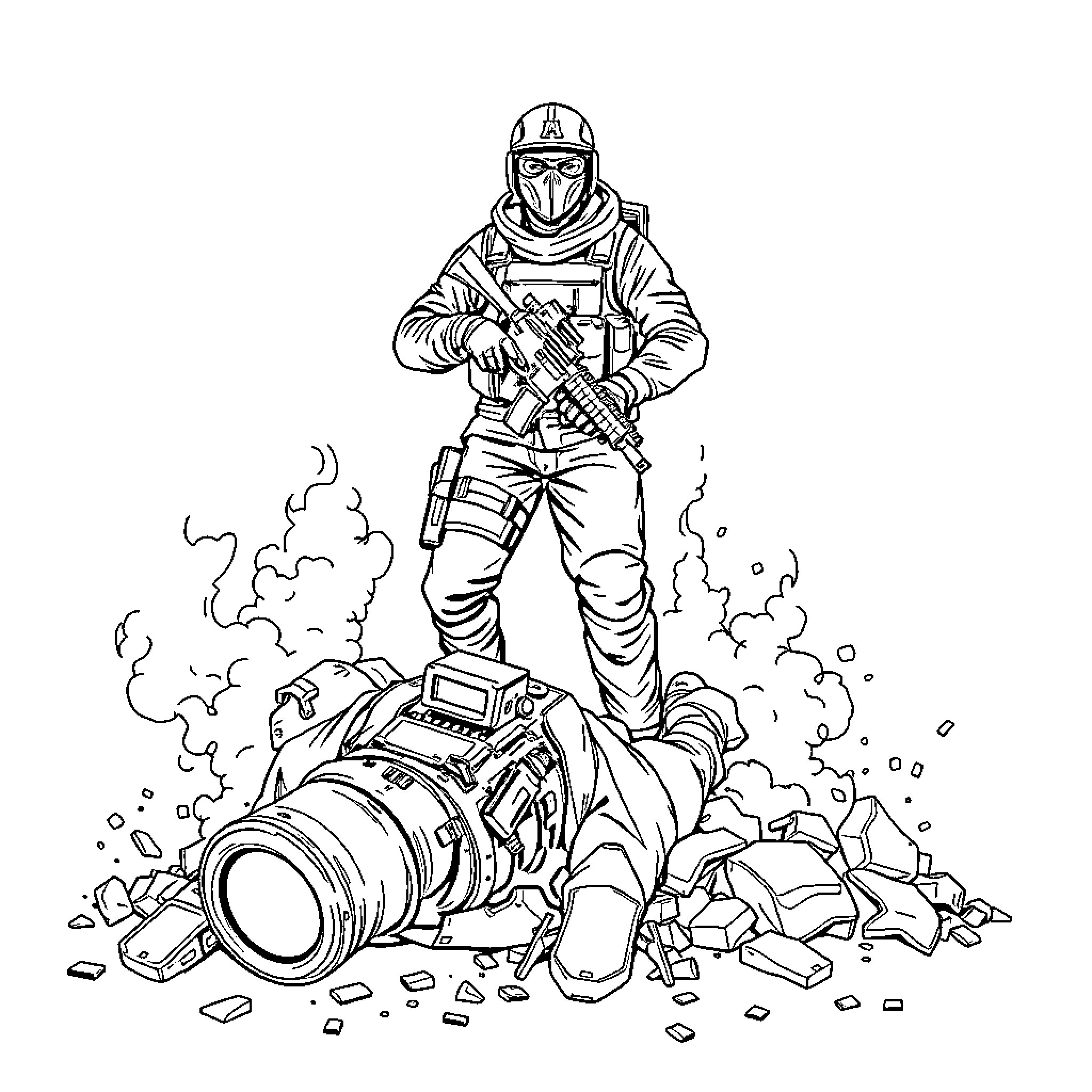 Counter Strike: Tactical Combat and Destruction Coloring Page (free black-and-white line drawing printable PDF for all, from beginners to advanced learners, including children, teens, adults, and seniors)