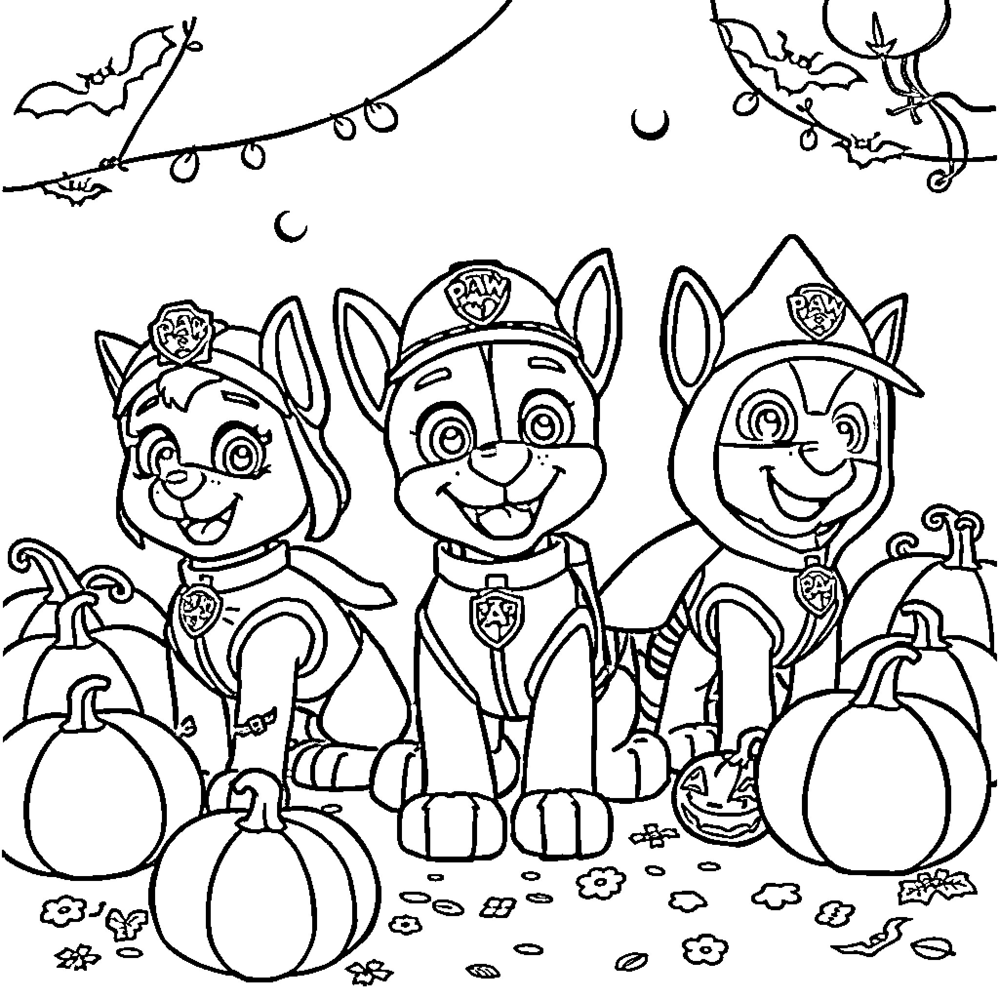 Paw Patrol Trick-or-Treating on Halloween Coloring Page (free black-and-white line drawing printable PDF for all, from beginners to advanced learners, including children, teens, adults, and seniors)