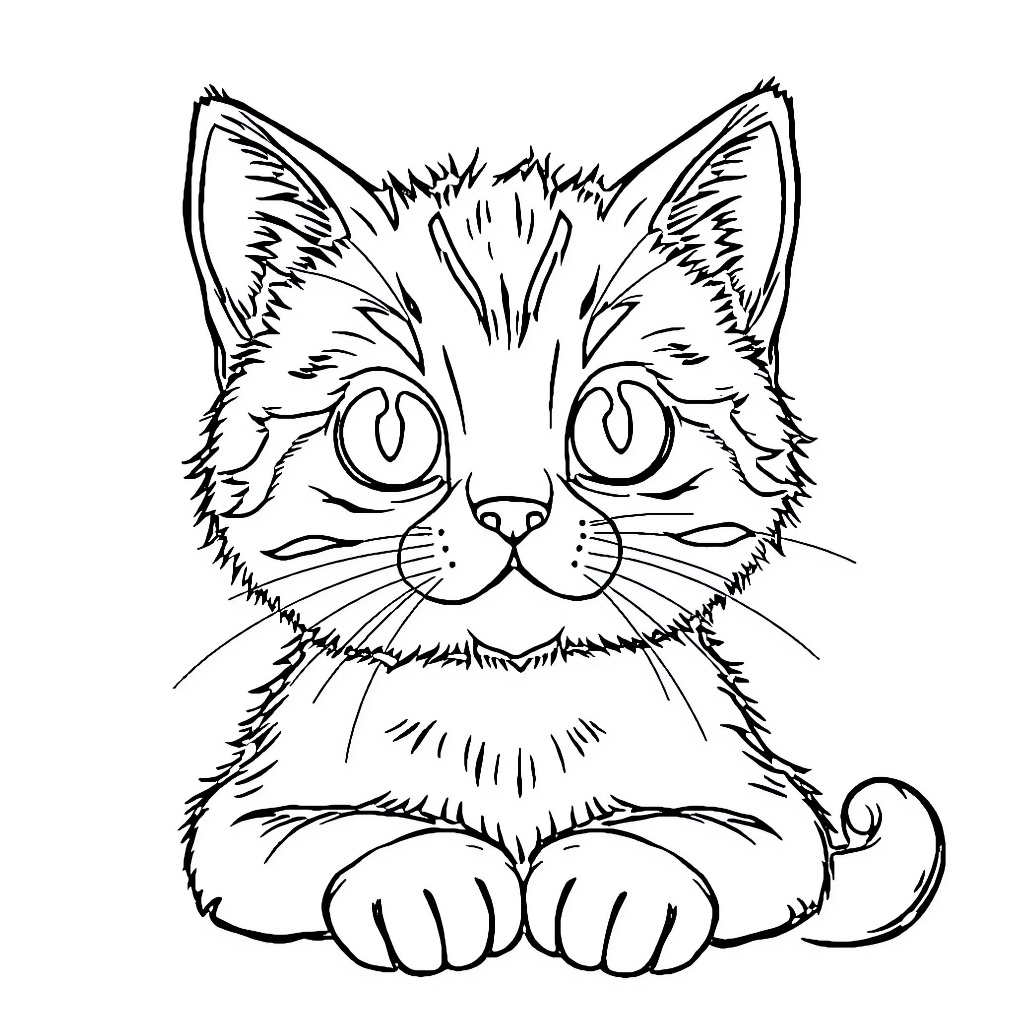 Cat sitting curiously with expressive eyes Coloring Page (free black-and-white line drawing printable PDF for all, from beginners to advanced learners, including children, teens, adults, and seniors)