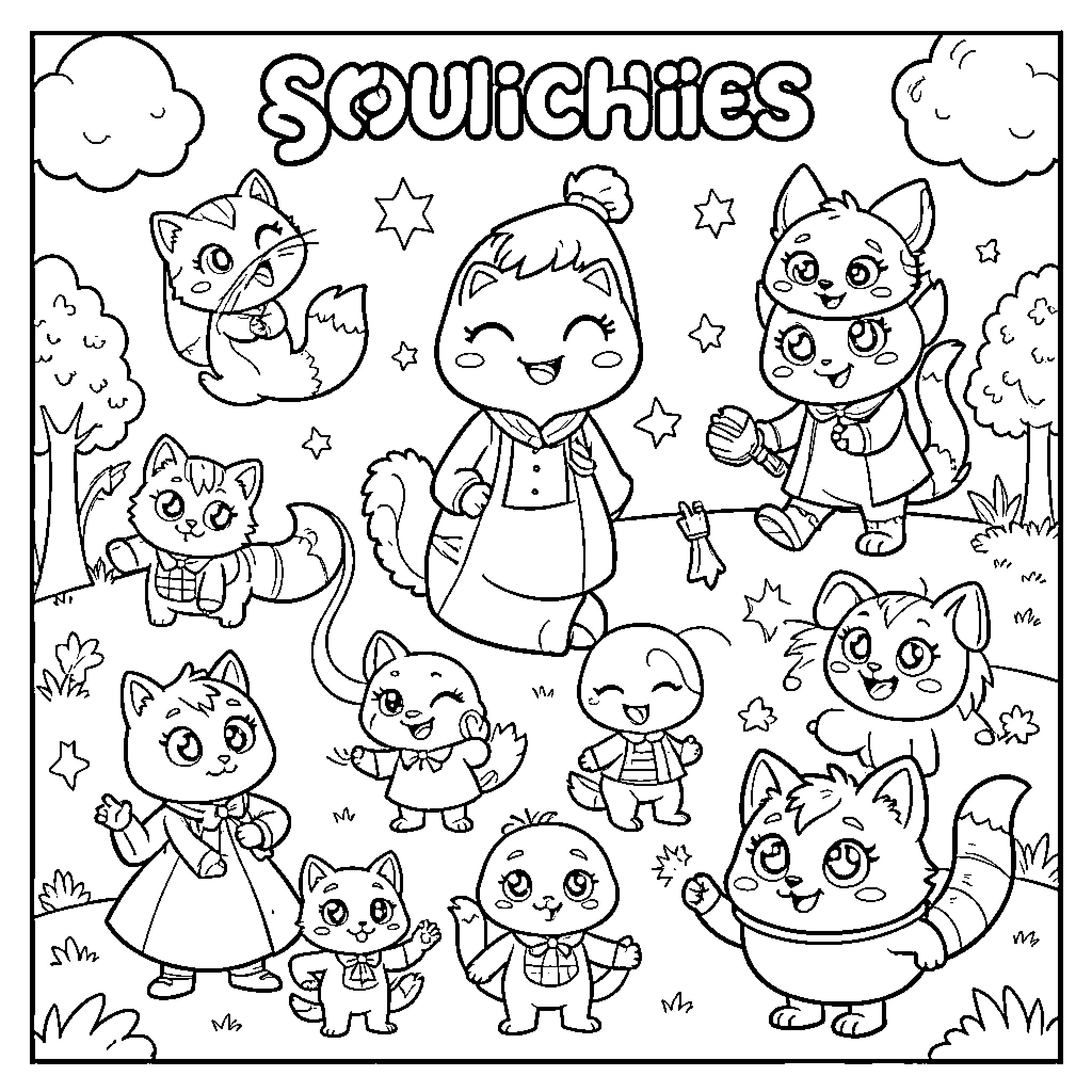 Skouichies characters celebrating in a whimsical outdoor scene Coloring Page (free black-and-white line drawing printable PDF for all, from beginners to advanced learners, including children, teens, adults, and seniors)