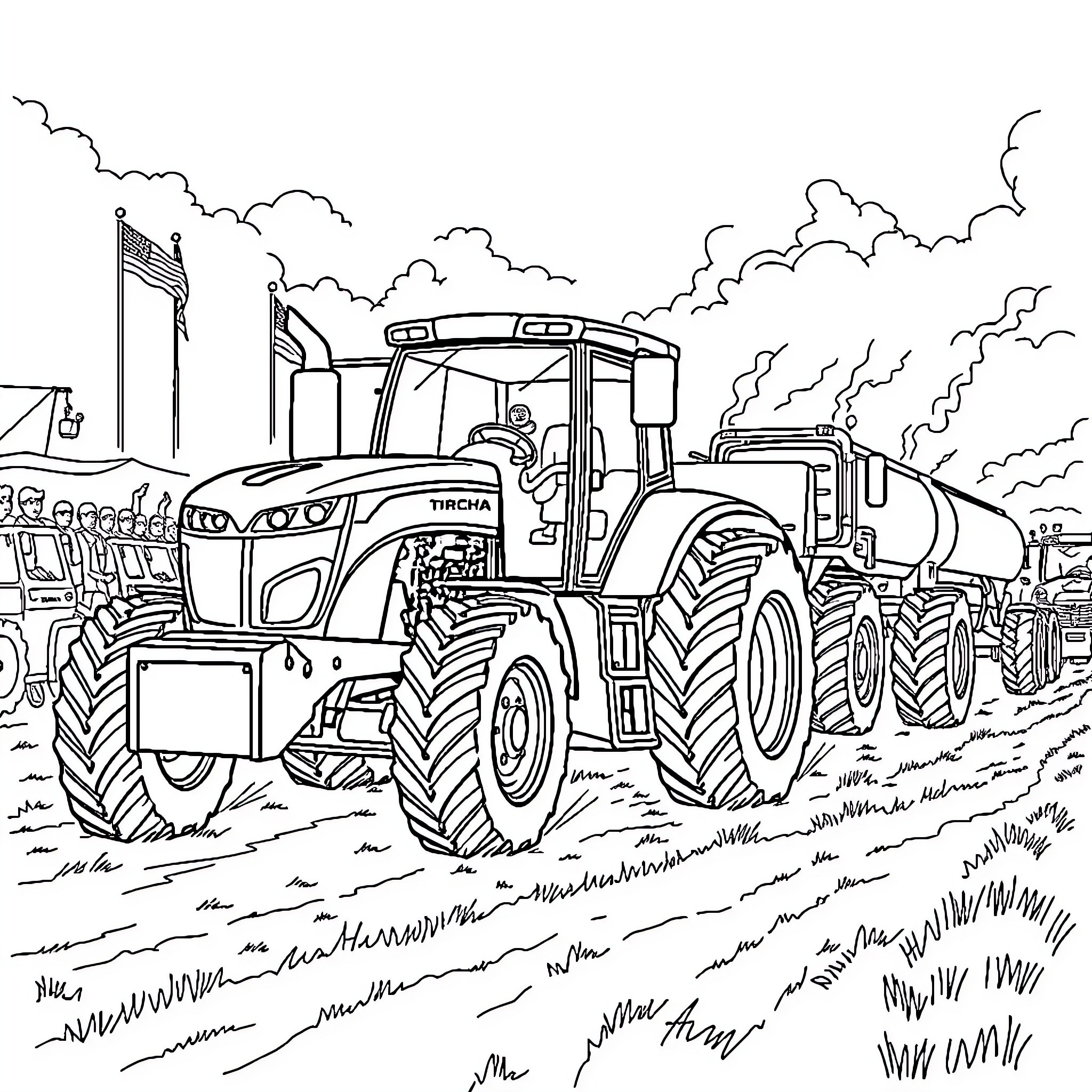 Tractor plowing through a rural field Coloring Page (free black-and-white line drawing printable PDF for all, from beginners to advanced learners, including children, teens, adults, and seniors)